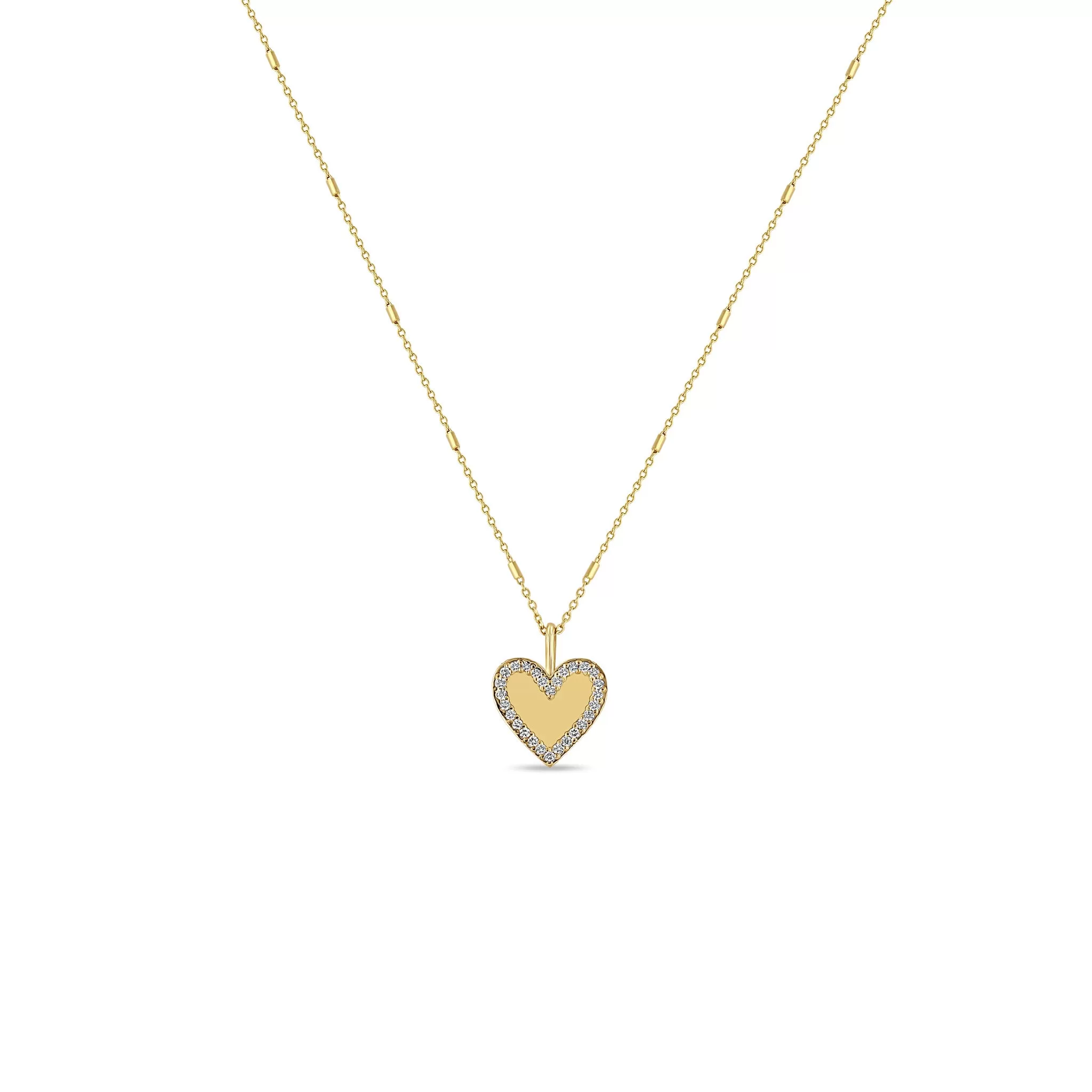 14k Gold Heart with Pavé Diamond Border Pendant Necklace