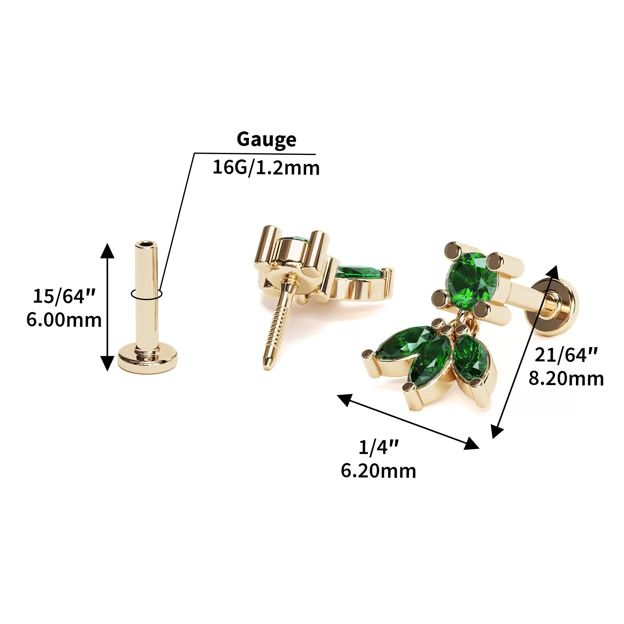 14K Gold Marquise Emerald Lotus Dangle Stud