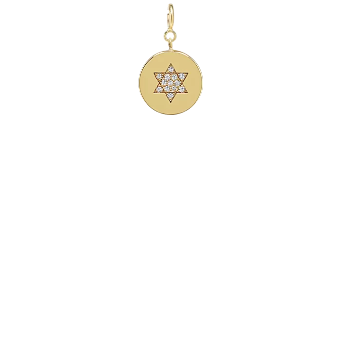 14k Pavé Diamond Star of David Disc Charm Pendant with Spring Ring