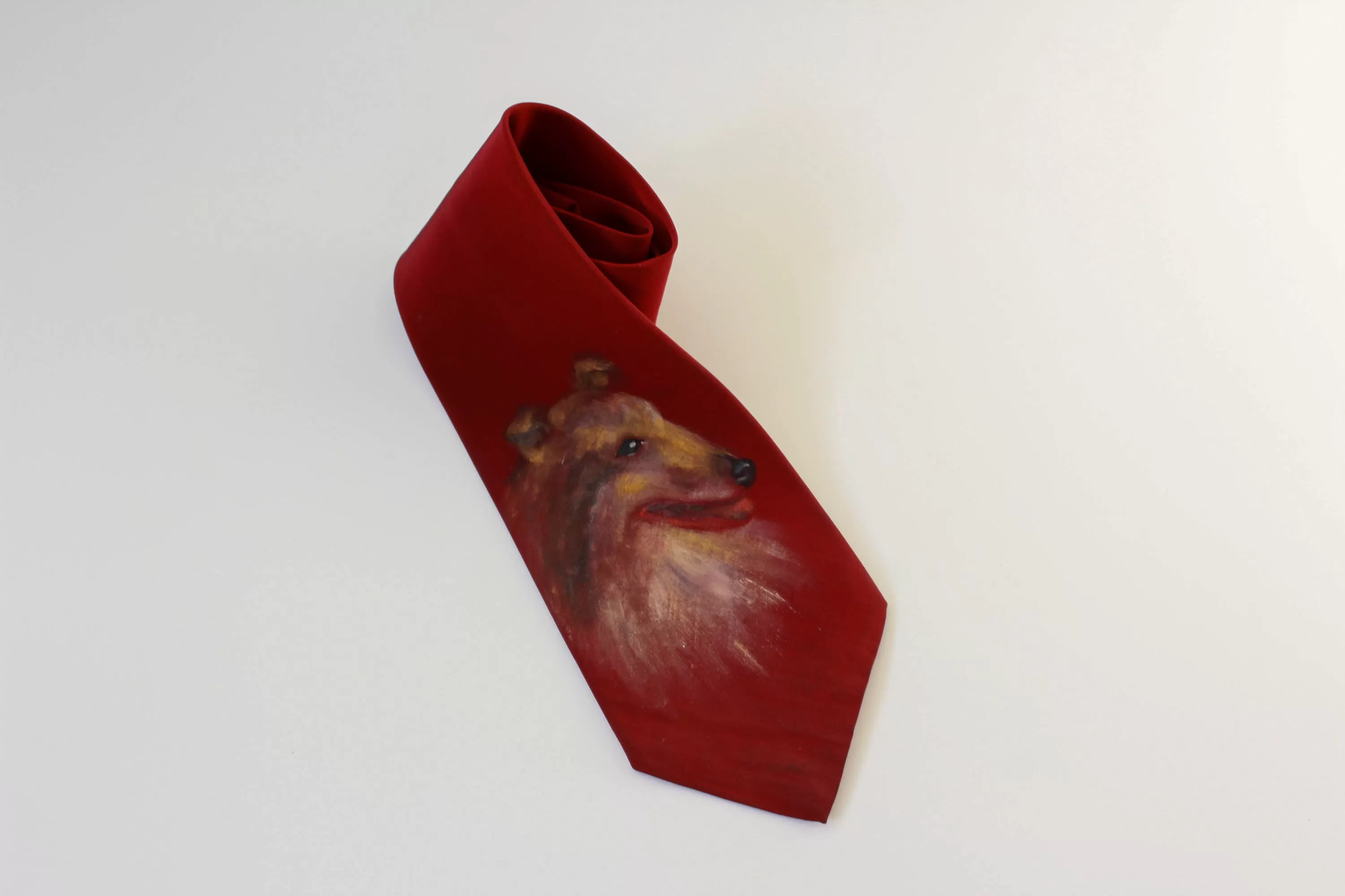 1940s Hand Painted Necktie, Red Border Collie