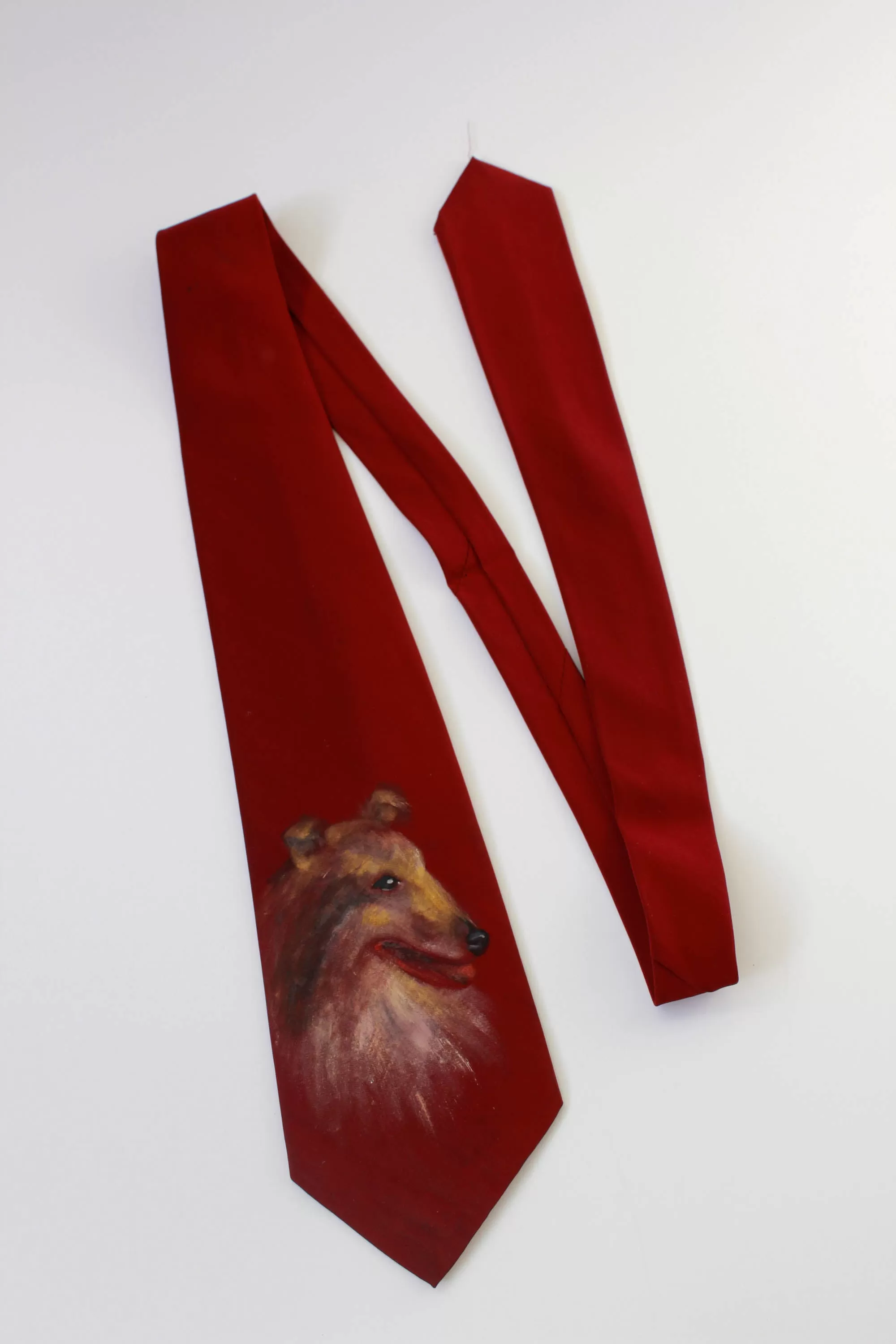 1940s Hand Painted Necktie, Red Border Collie