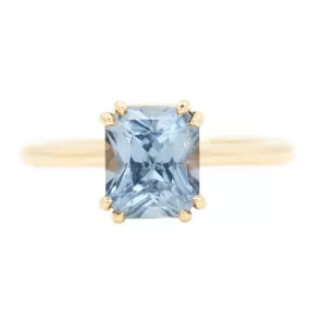 2.43ct Radiant Cut Periwinkle Blue Grey Sapphire in a Double Prong Cathedral Solitaire In 14k Yellow Gold