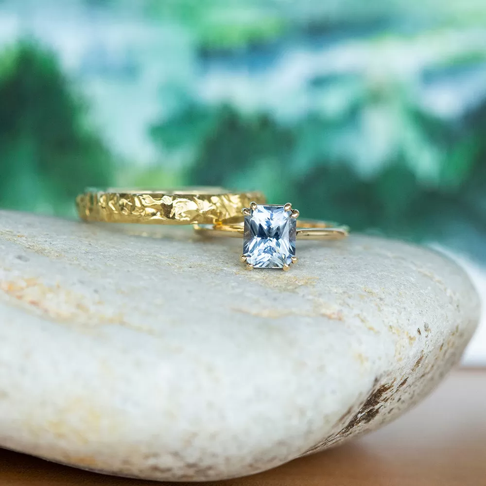 2.43ct Radiant Cut Periwinkle Blue Grey Sapphire in a Double Prong Cathedral Solitaire In 14k Yellow Gold