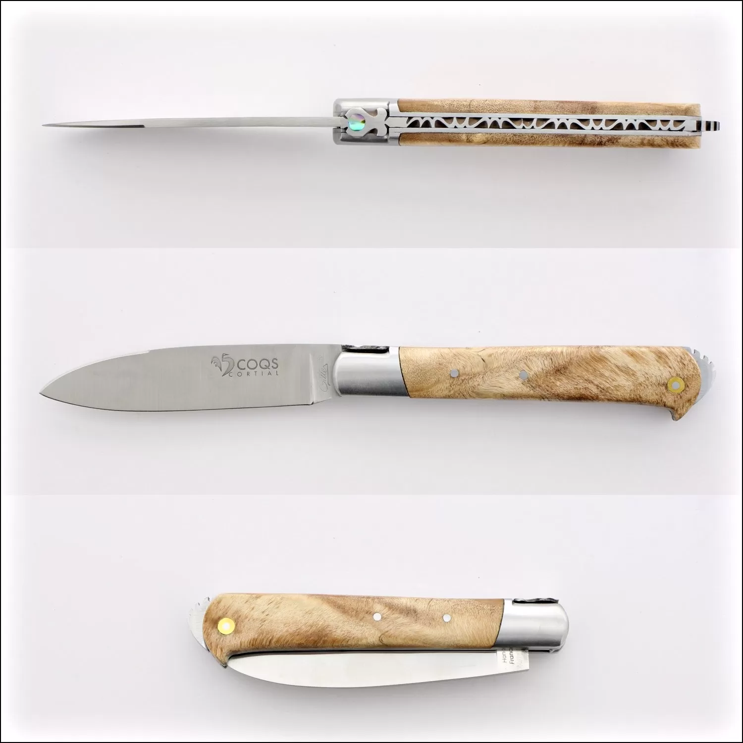 5 Coqs Pocket Knife - Stabilized Poplar Burl & Mother of Pearl Inlay