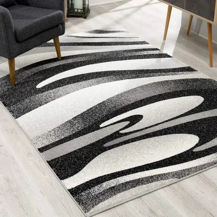 7' X 9' Black And Gray Abstract Marble Area Rug