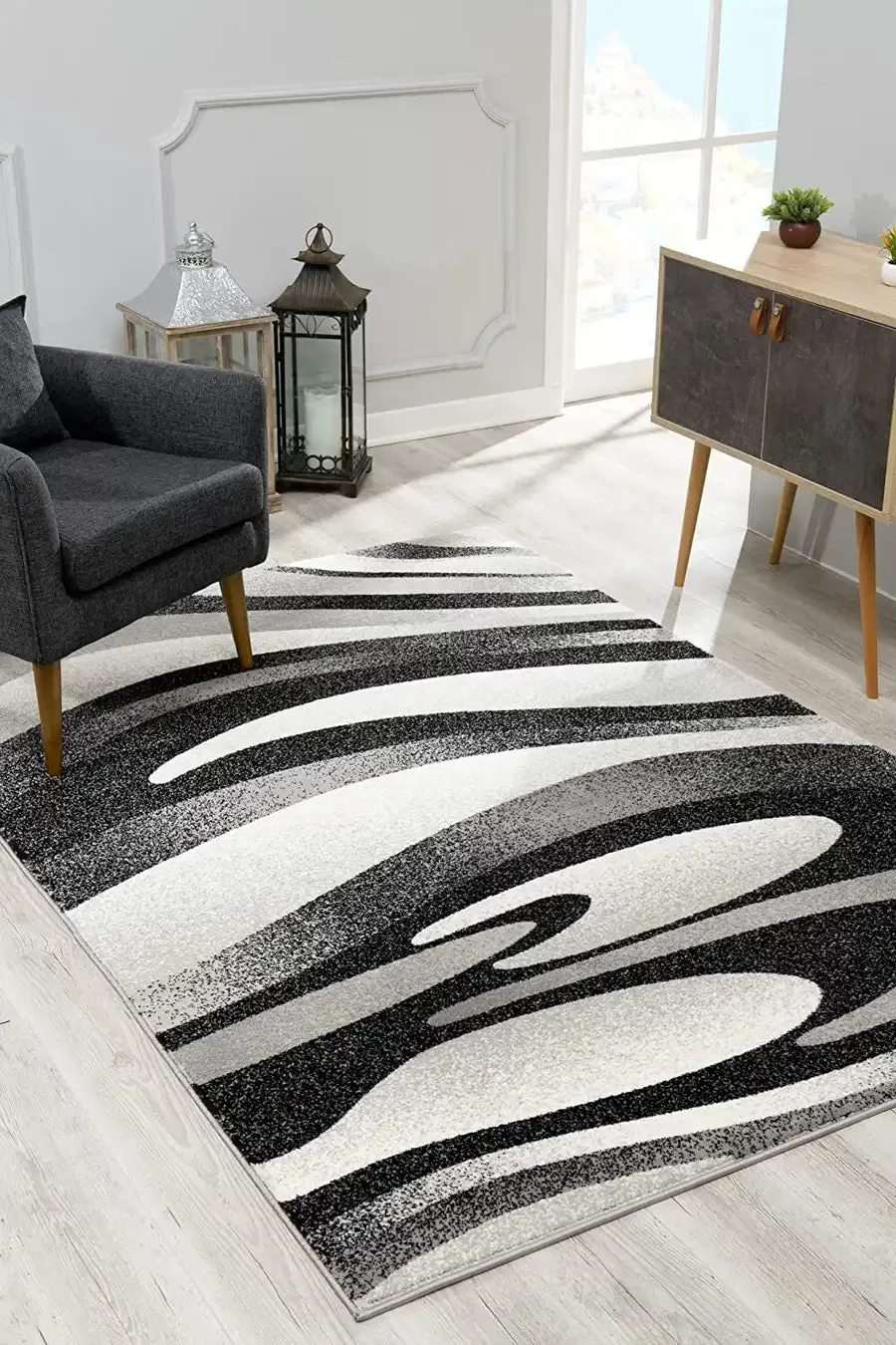 7' X 9' Black And Gray Abstract Marble Area Rug