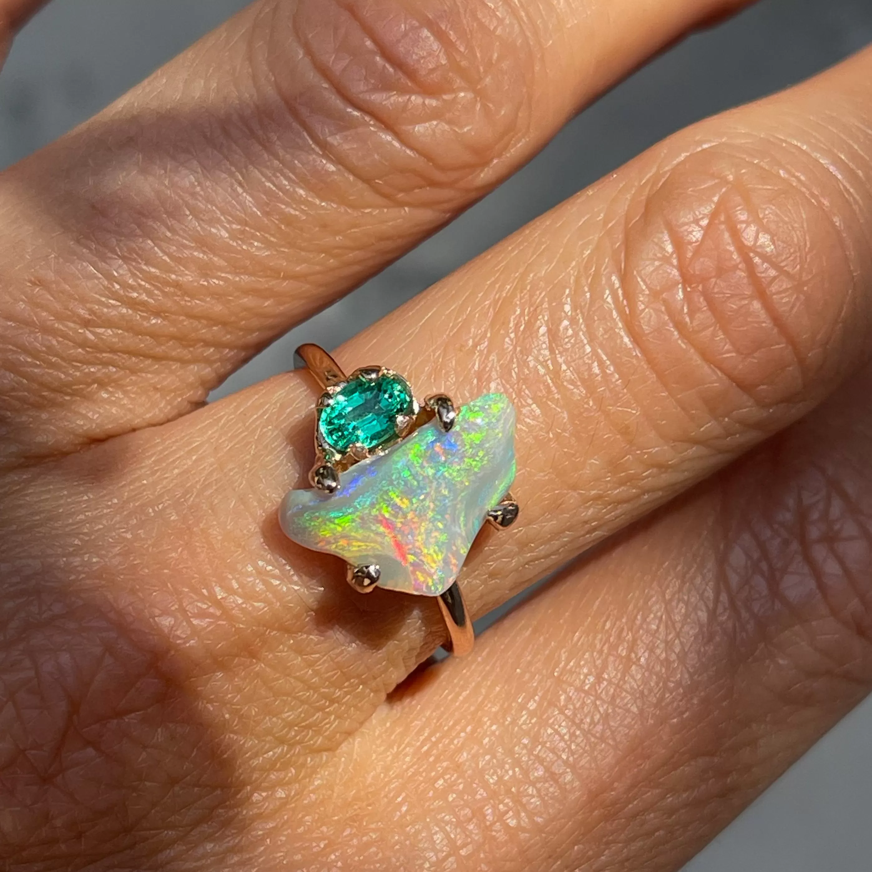 Alluvial Bloom Opal and Emerald Ring