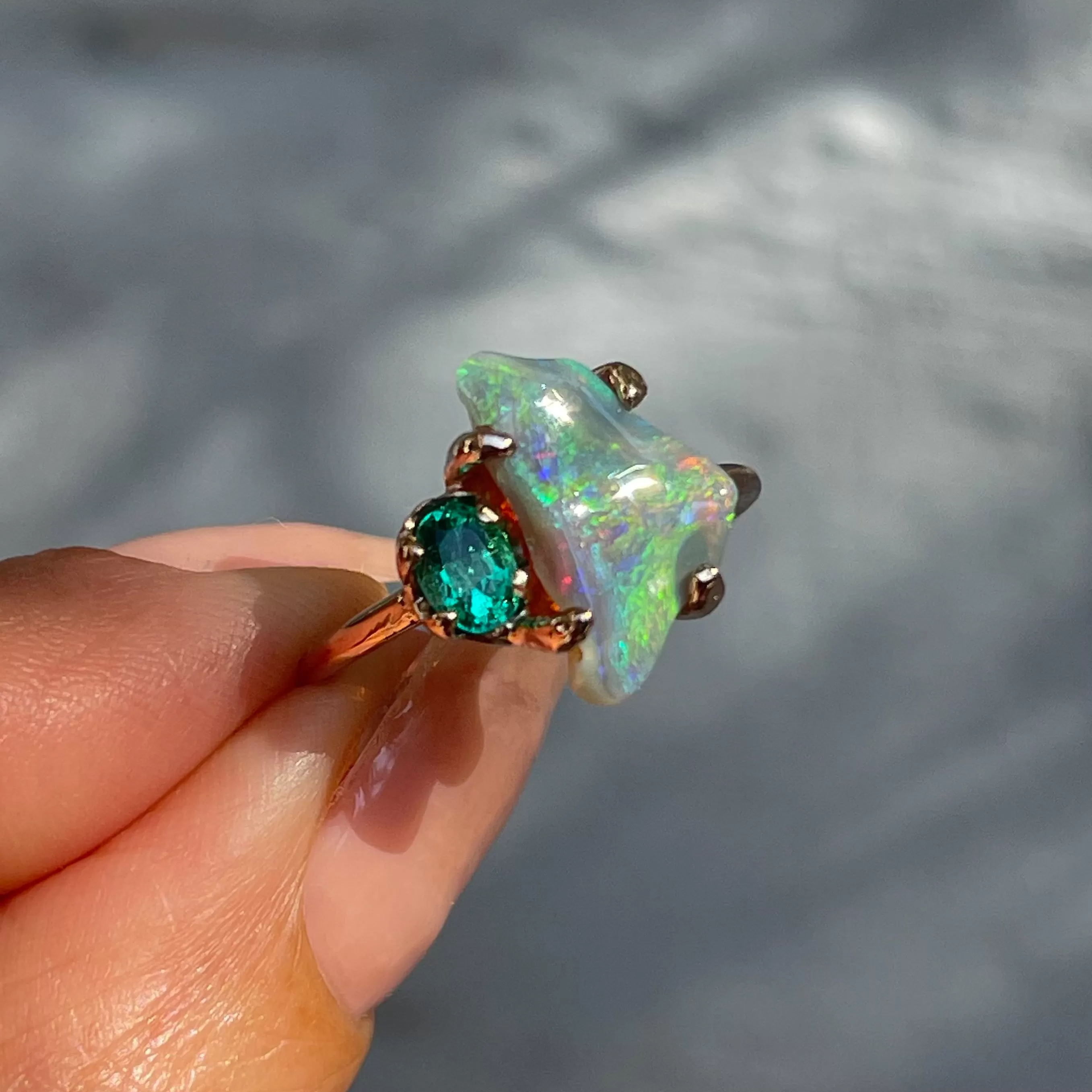 Alluvial Bloom Opal and Emerald Ring