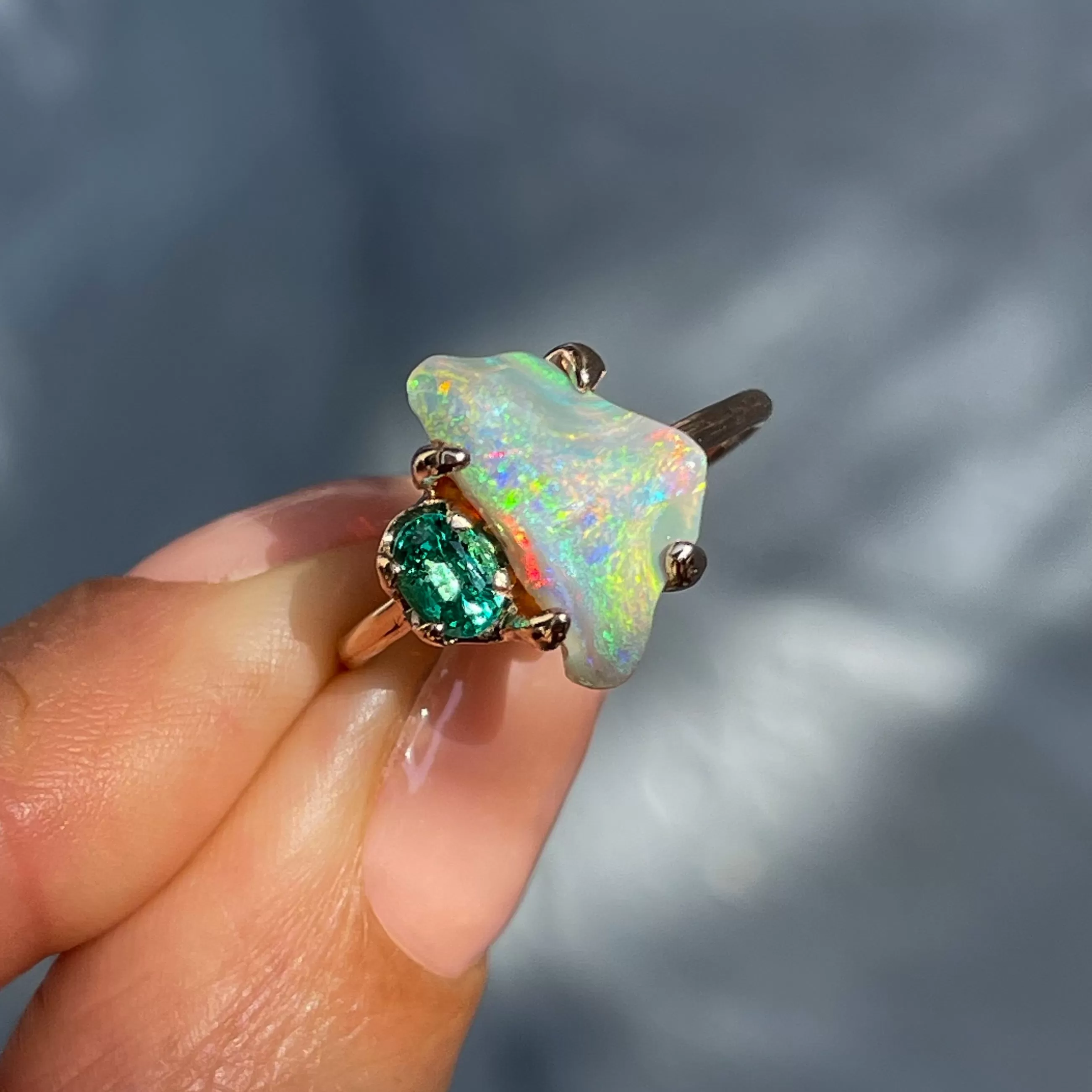 Alluvial Bloom Opal and Emerald Ring