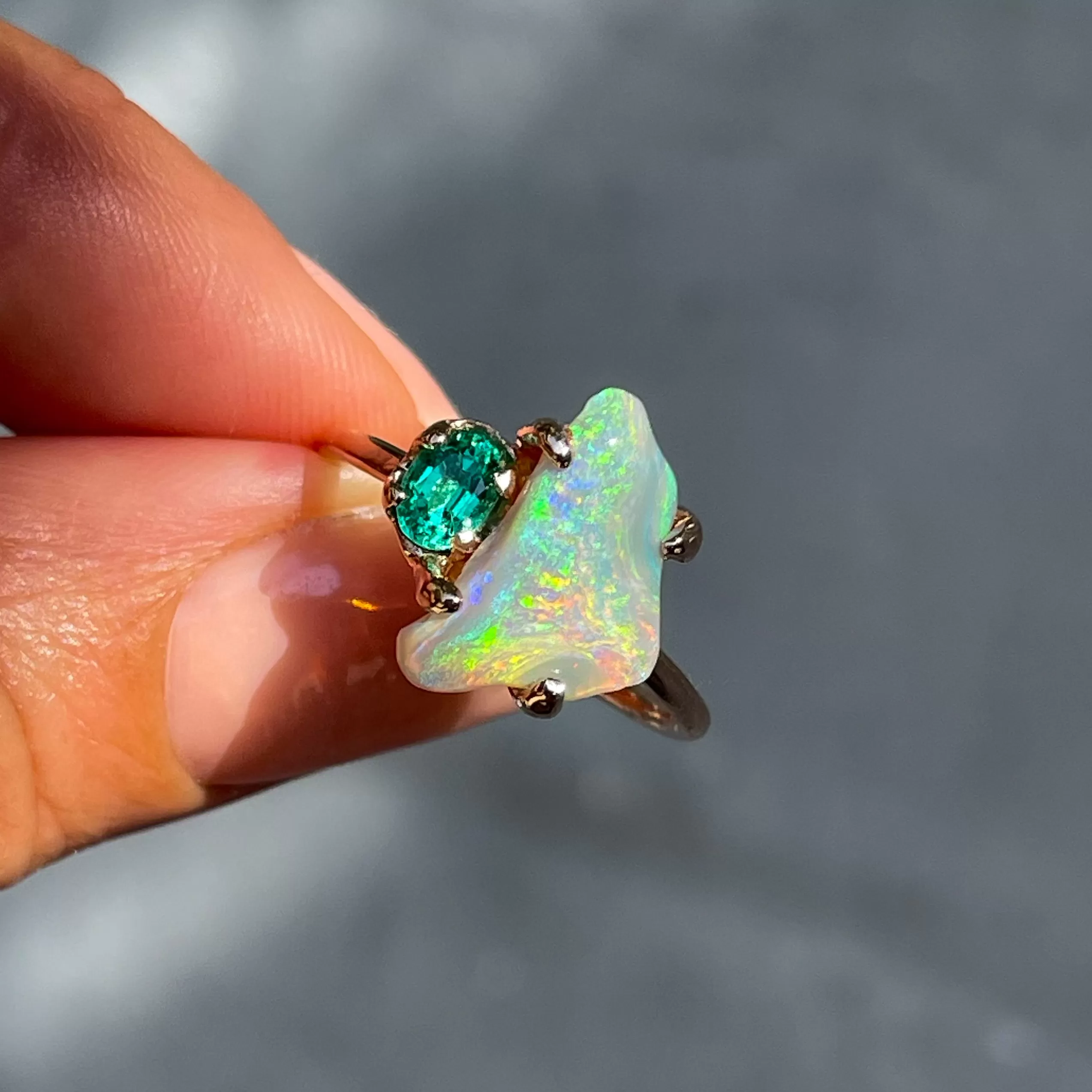 Alluvial Bloom Opal and Emerald Ring