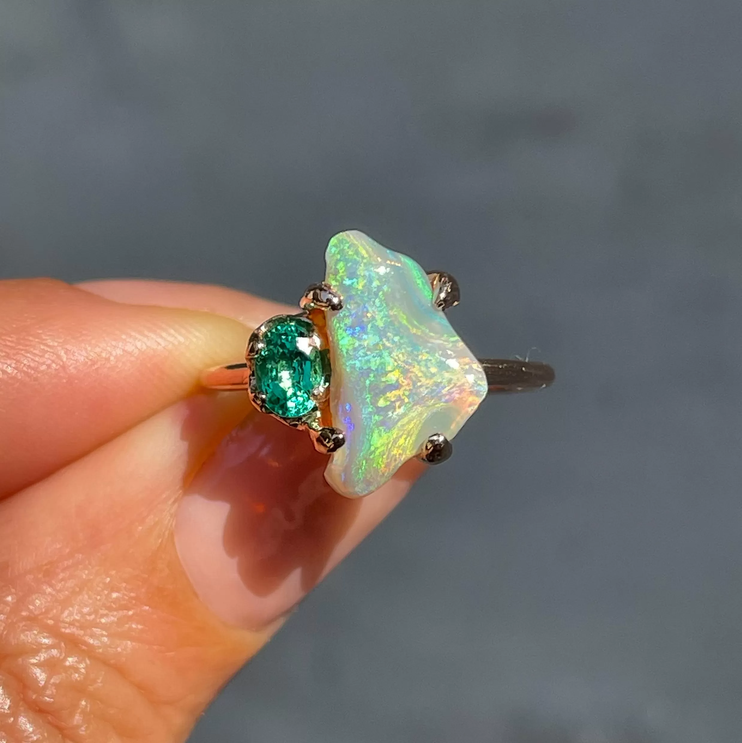 Alluvial Bloom Opal and Emerald Ring