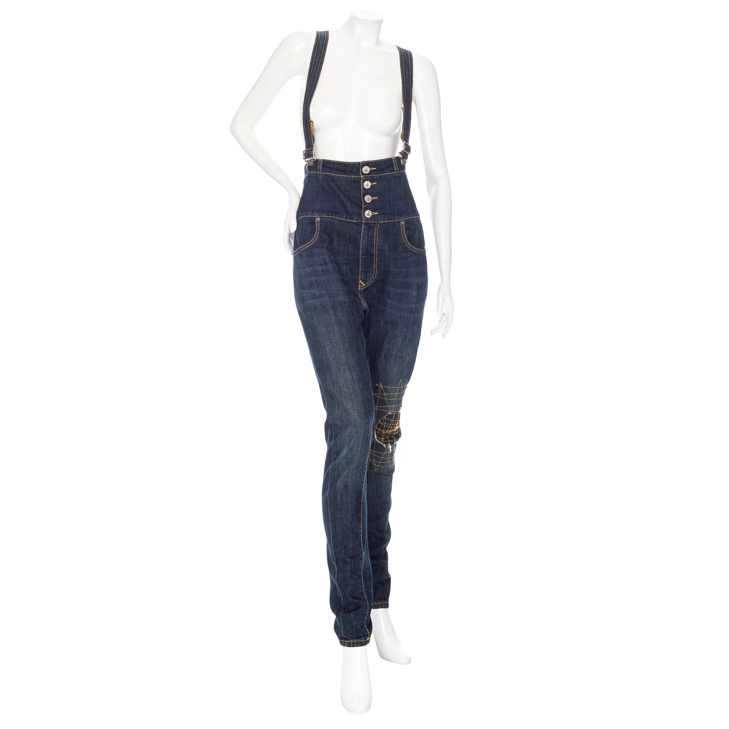 Anglomania Denim and Squiggle Print High-Waisted Detachable Overalls