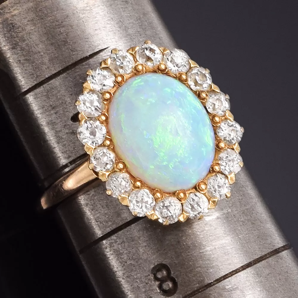 Antique 14K Yellow Gold Opal & 0.96 TCW Diamond Cocktail Ring 4.3 Grams Size 7