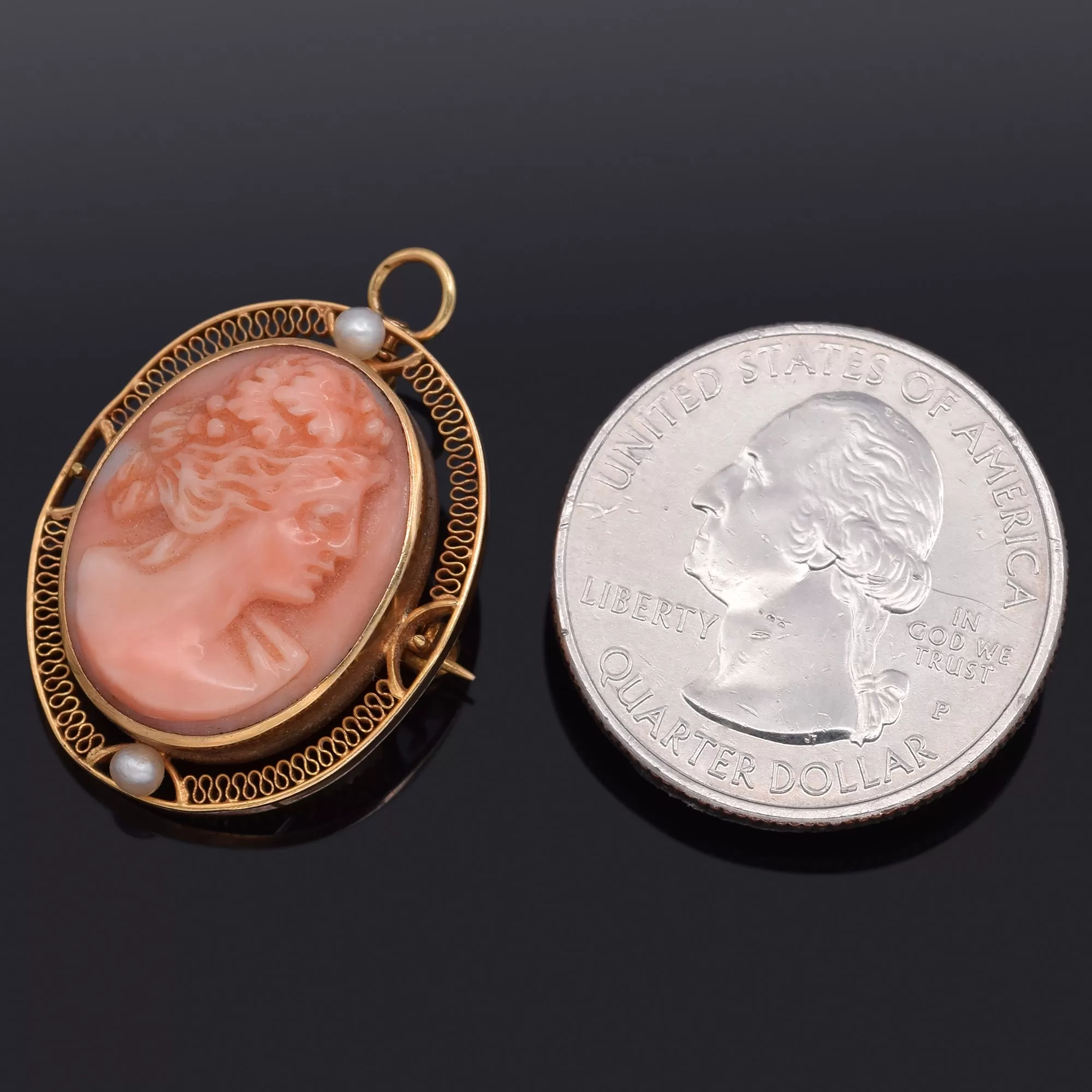 Antique 14K Yellow Gold Salmon Coral & Sea Pearl Cameo Brooch Pin Pendant