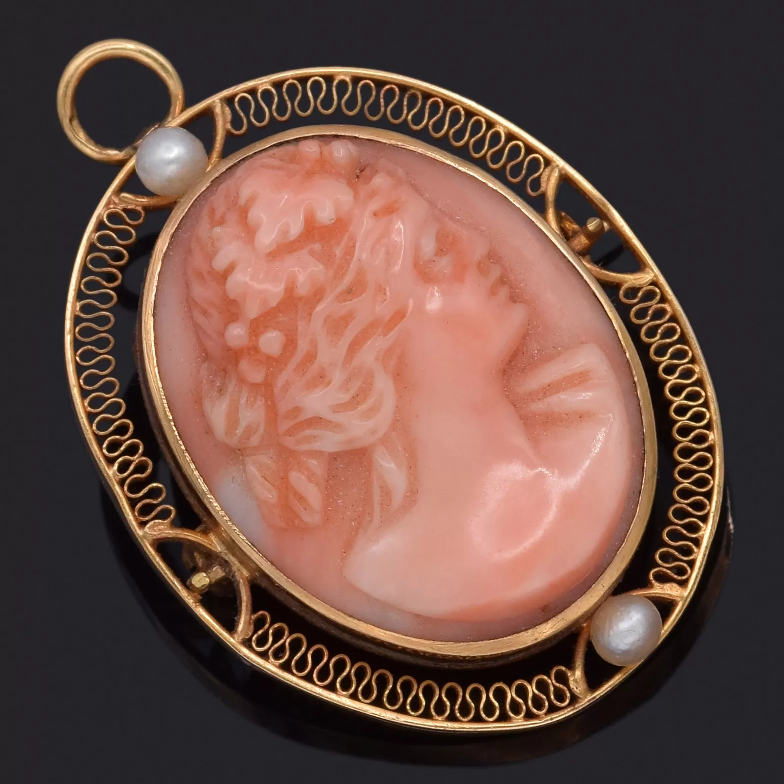 Antique 14K Yellow Gold Salmon Coral & Sea Pearl Cameo Brooch Pin Pendant