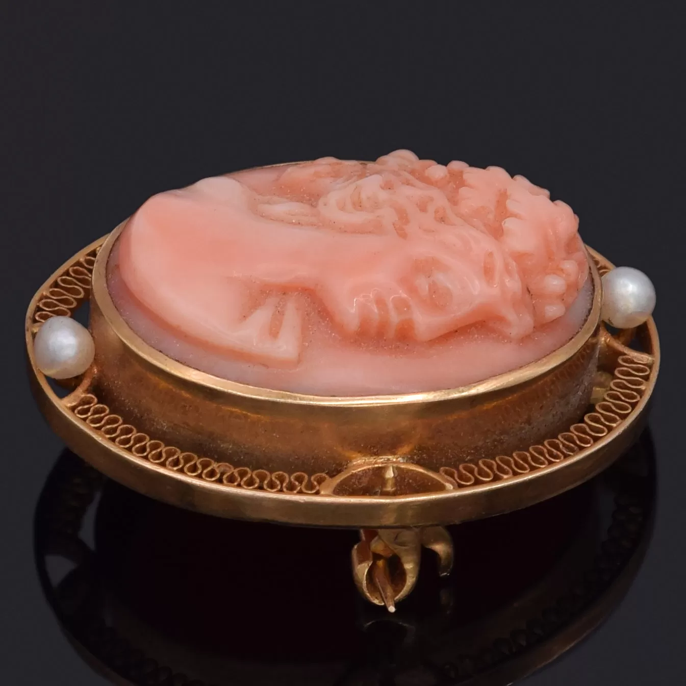 Antique 14K Yellow Gold Salmon Coral & Sea Pearl Cameo Brooch Pin Pendant