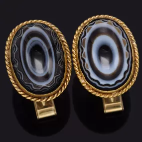 Antique 14Kt Yellow Gold Black and White Agate Oval Cufflinks 7.5 Grams