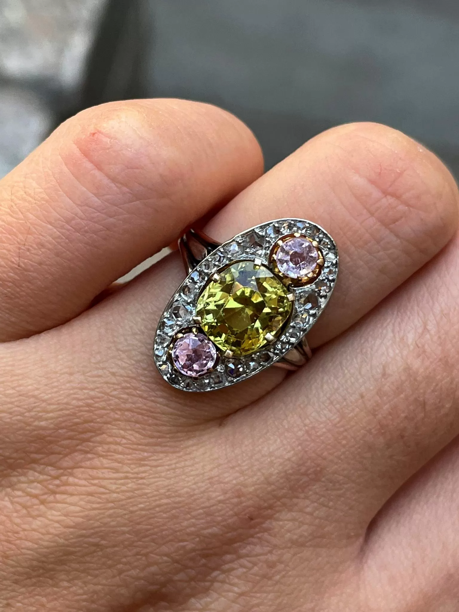 Antique Belle poque Chrysoberyl, Pink Topaz Diamond Cluster Cocktail Ring