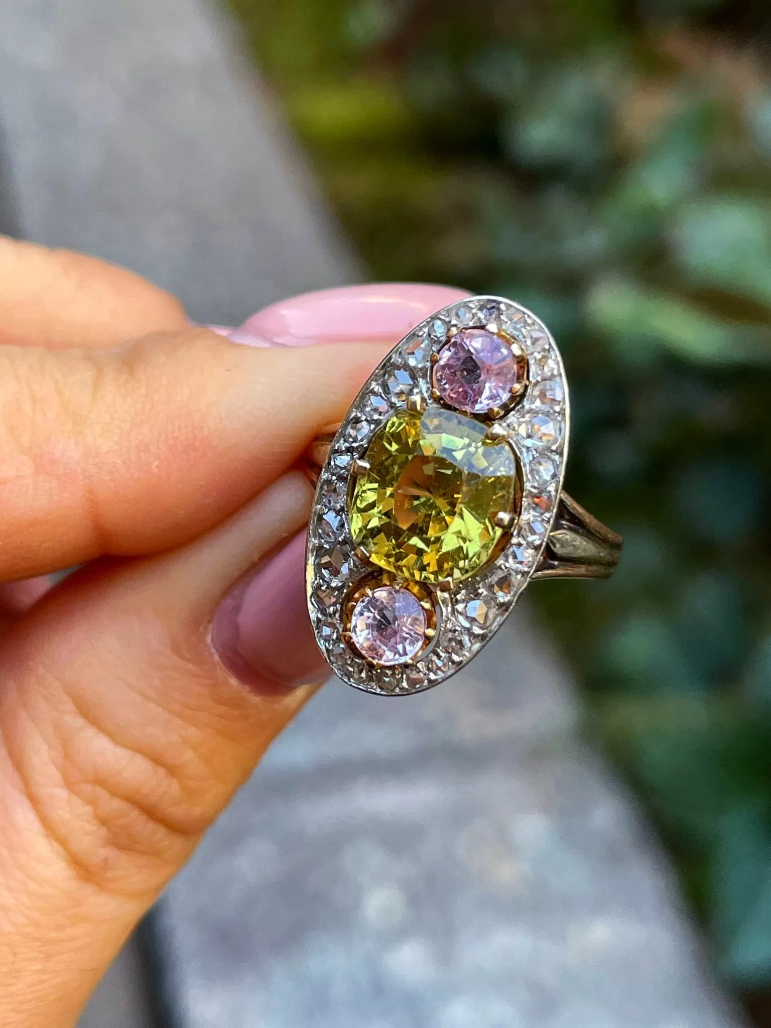 Antique Belle poque Chrysoberyl, Pink Topaz Diamond Cluster Cocktail Ring