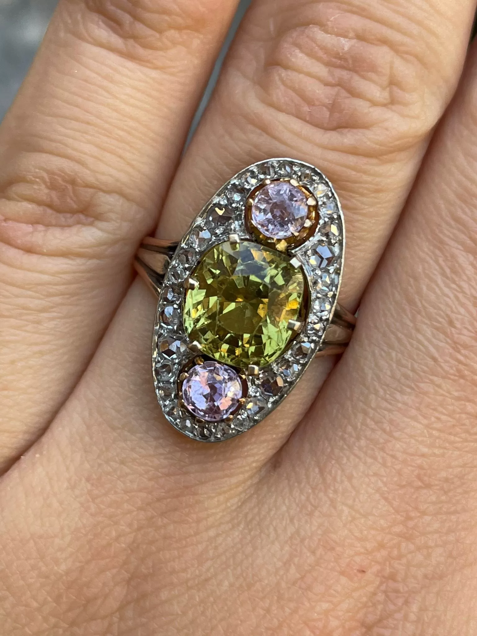 Antique Belle poque Chrysoberyl, Pink Topaz Diamond Cluster Cocktail Ring