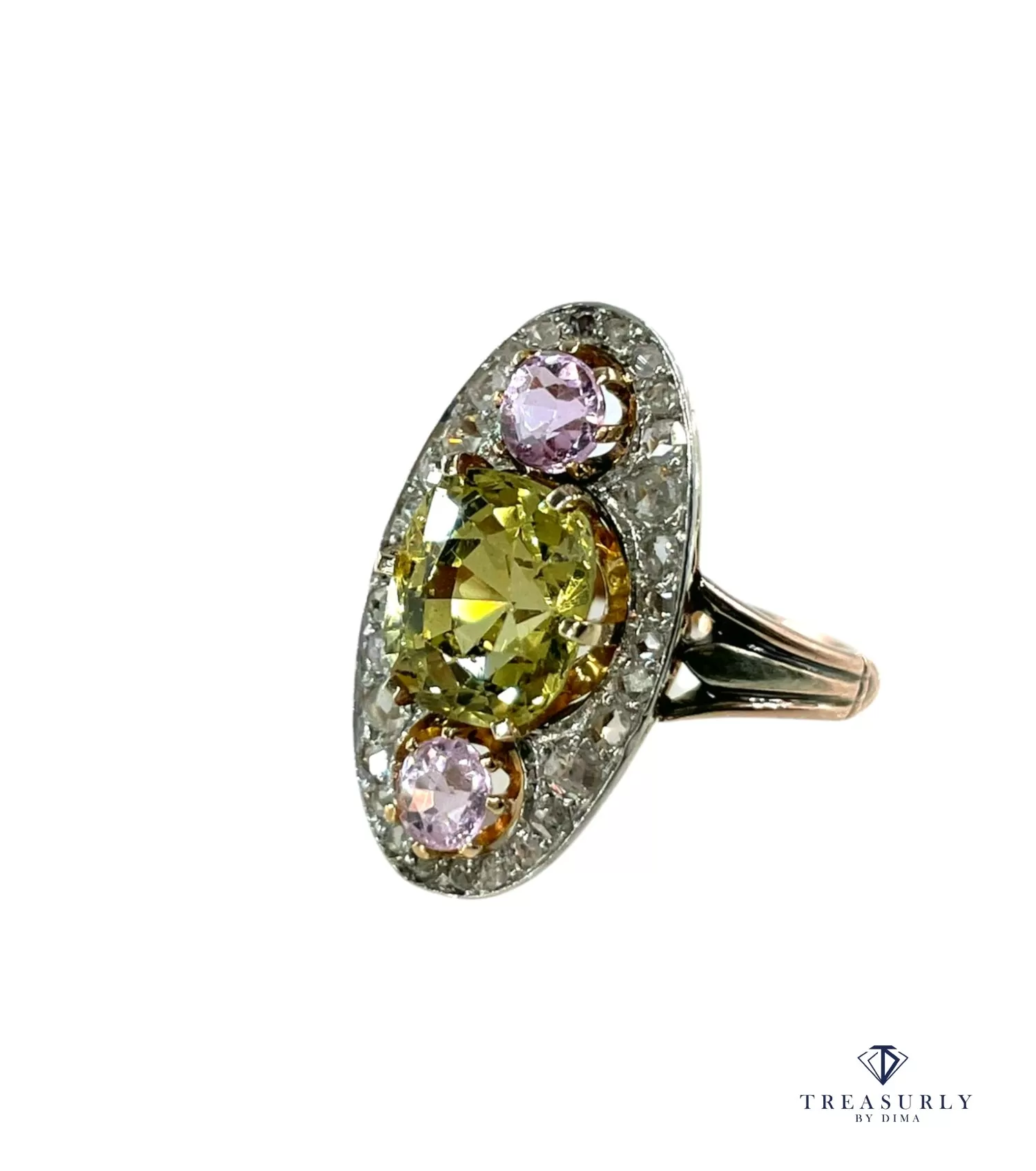 Antique Belle poque Chrysoberyl, Pink Topaz Diamond Cluster Cocktail Ring