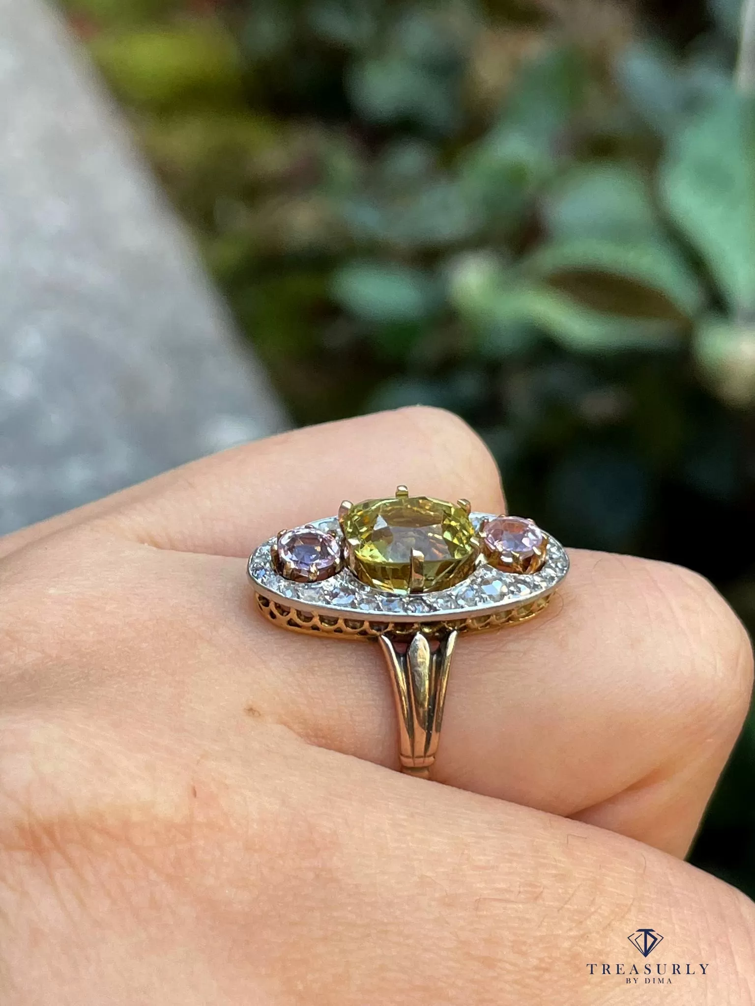 Antique Belle poque Chrysoberyl, Pink Topaz Diamond Cluster Cocktail Ring