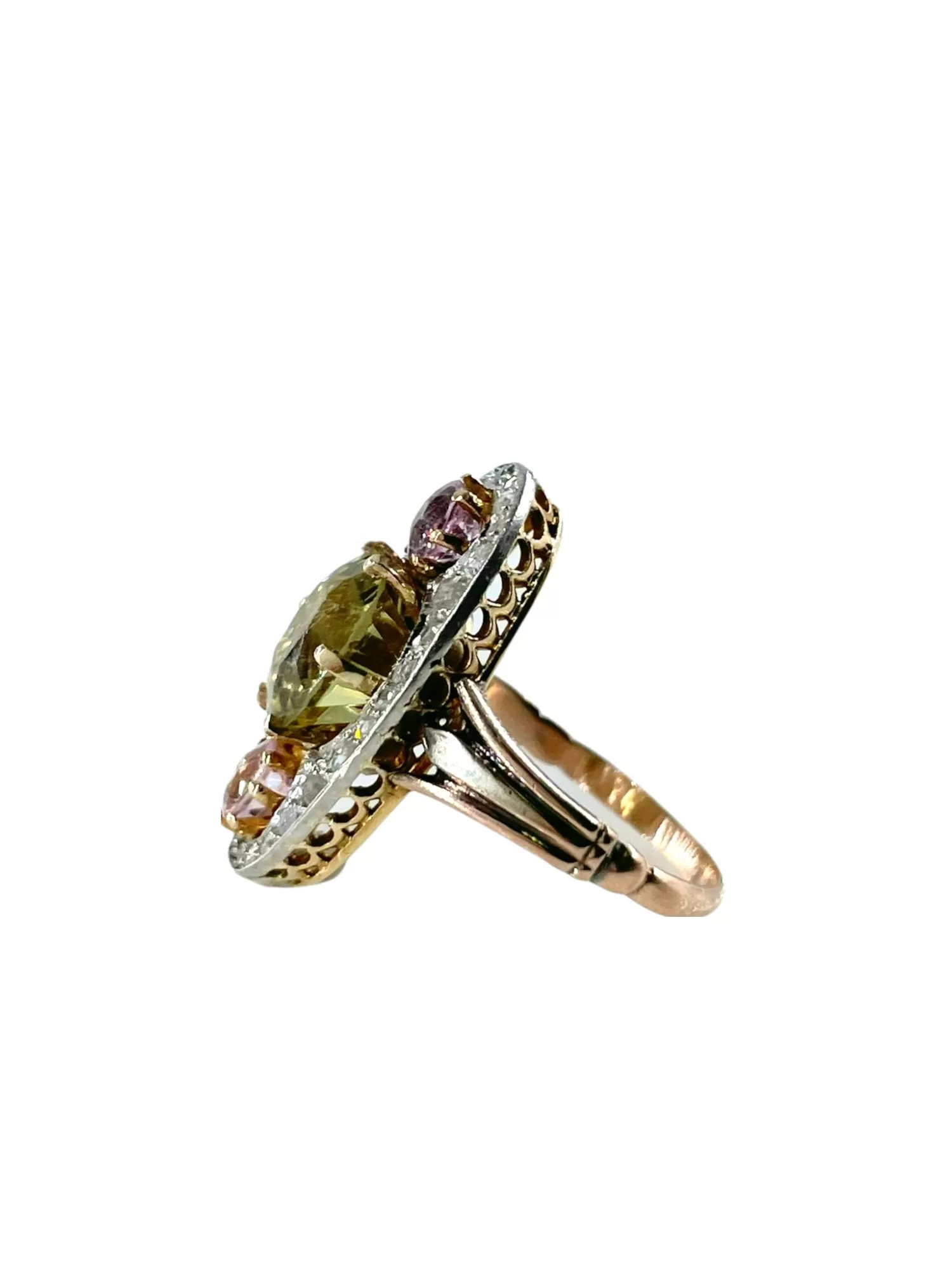 Antique Belle poque Chrysoberyl, Pink Topaz Diamond Cluster Cocktail Ring