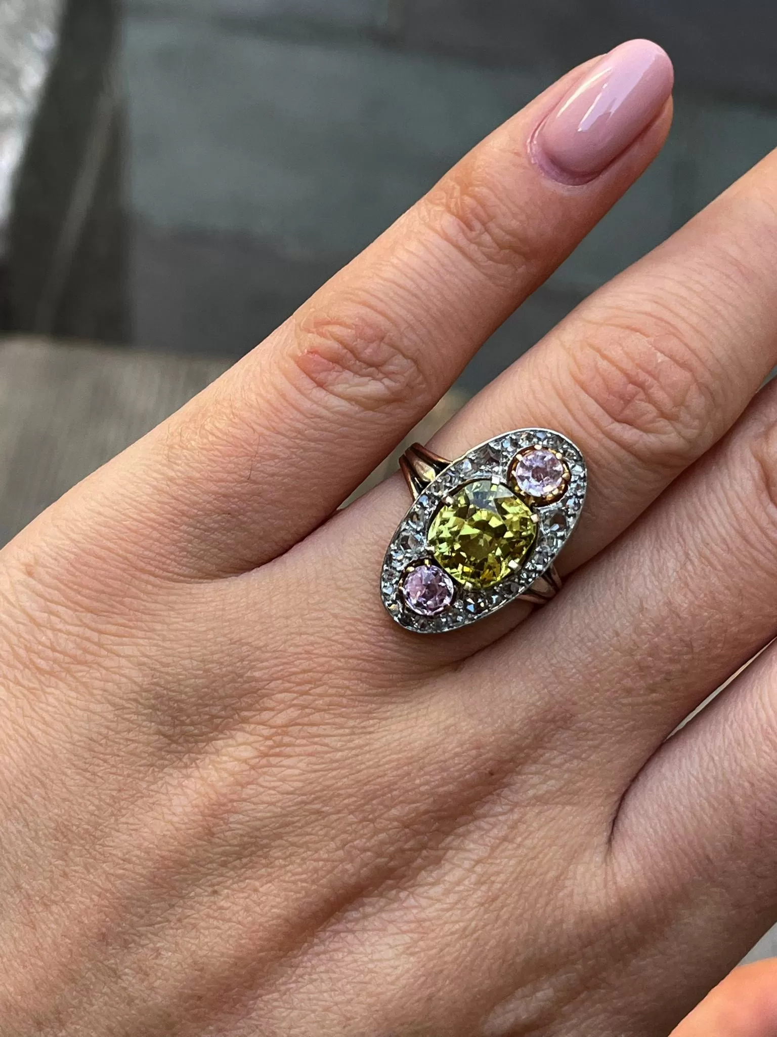 Antique Belle poque Chrysoberyl, Pink Topaz Diamond Cluster Cocktail Ring