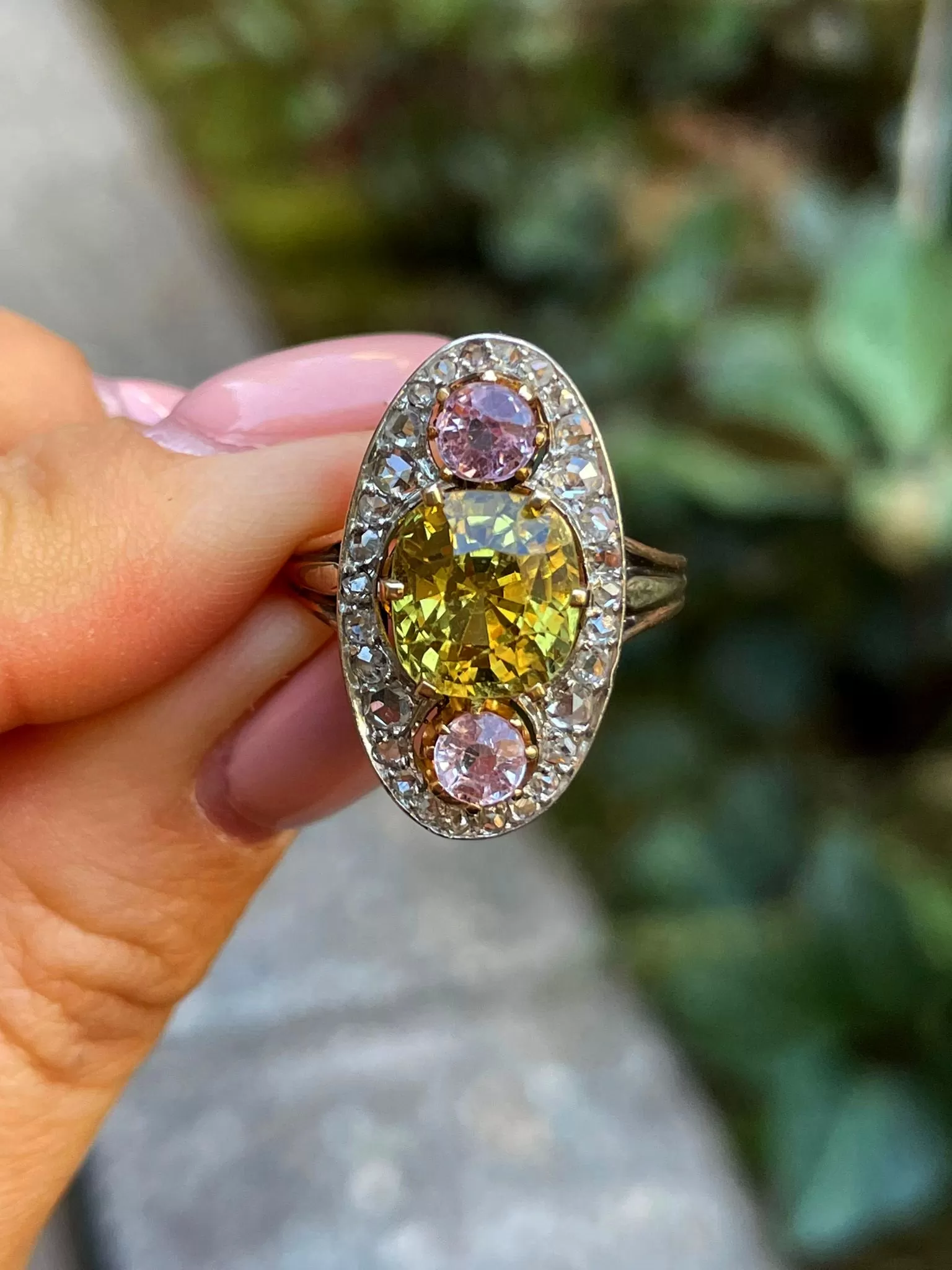 Antique Belle poque Chrysoberyl, Pink Topaz Diamond Cluster Cocktail Ring