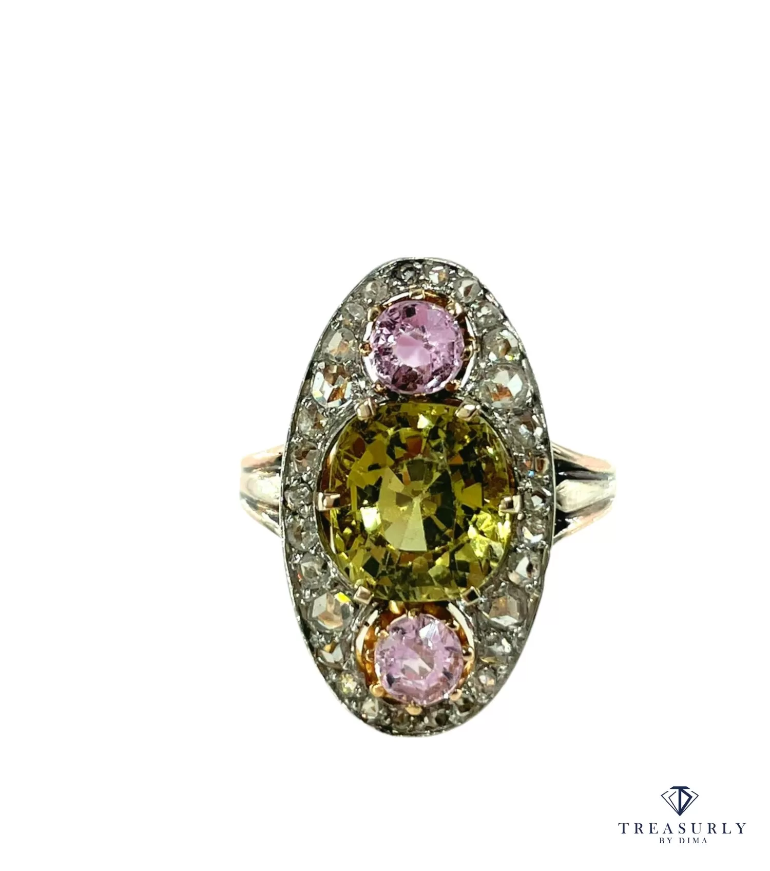 Antique Belle poque Chrysoberyl, Pink Topaz Diamond Cluster Cocktail Ring