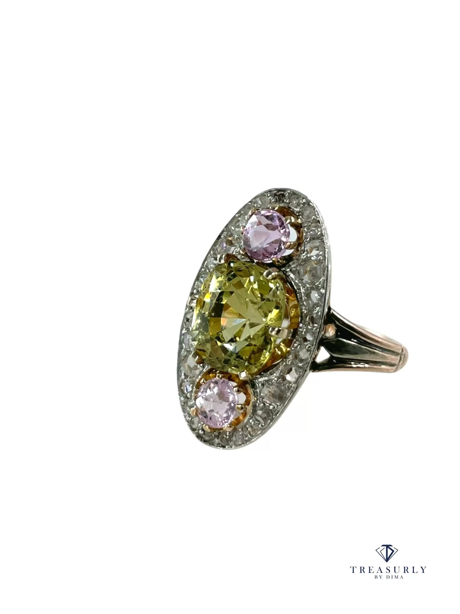 Antique Belle poque Chrysoberyl, Pink Topaz Diamond Cluster Cocktail Ring