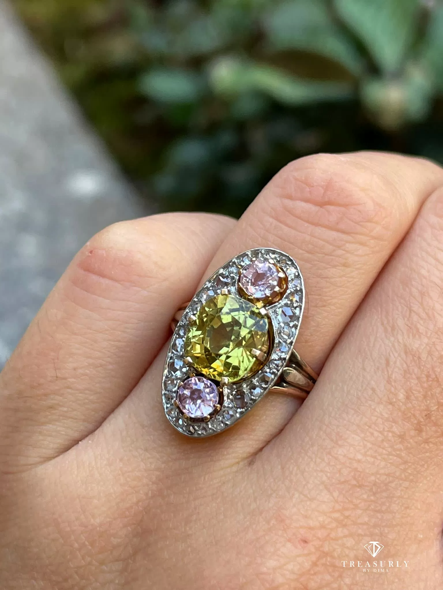 Antique Belle poque Chrysoberyl, Pink Topaz Diamond Cluster Cocktail Ring