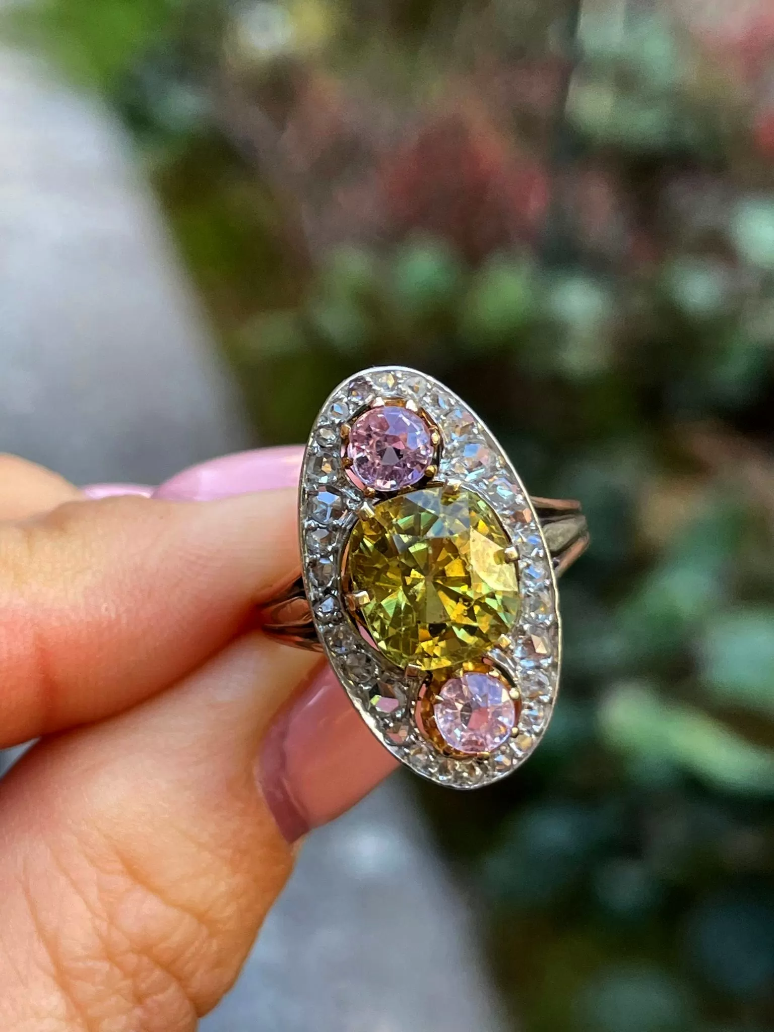 Antique Belle poque Chrysoberyl, Pink Topaz Diamond Cluster Cocktail Ring