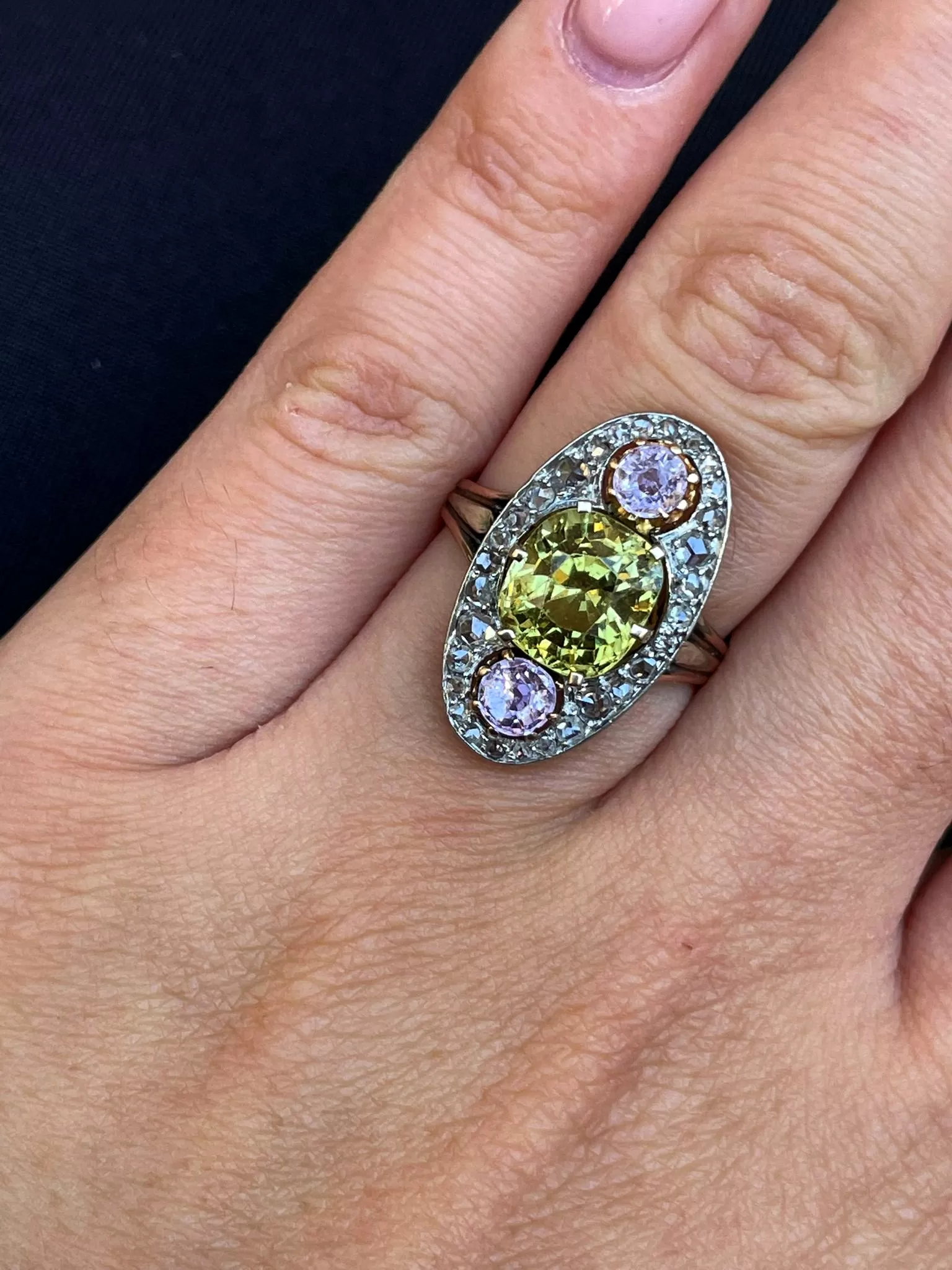 Antique Belle poque Chrysoberyl, Pink Topaz Diamond Cluster Cocktail Ring