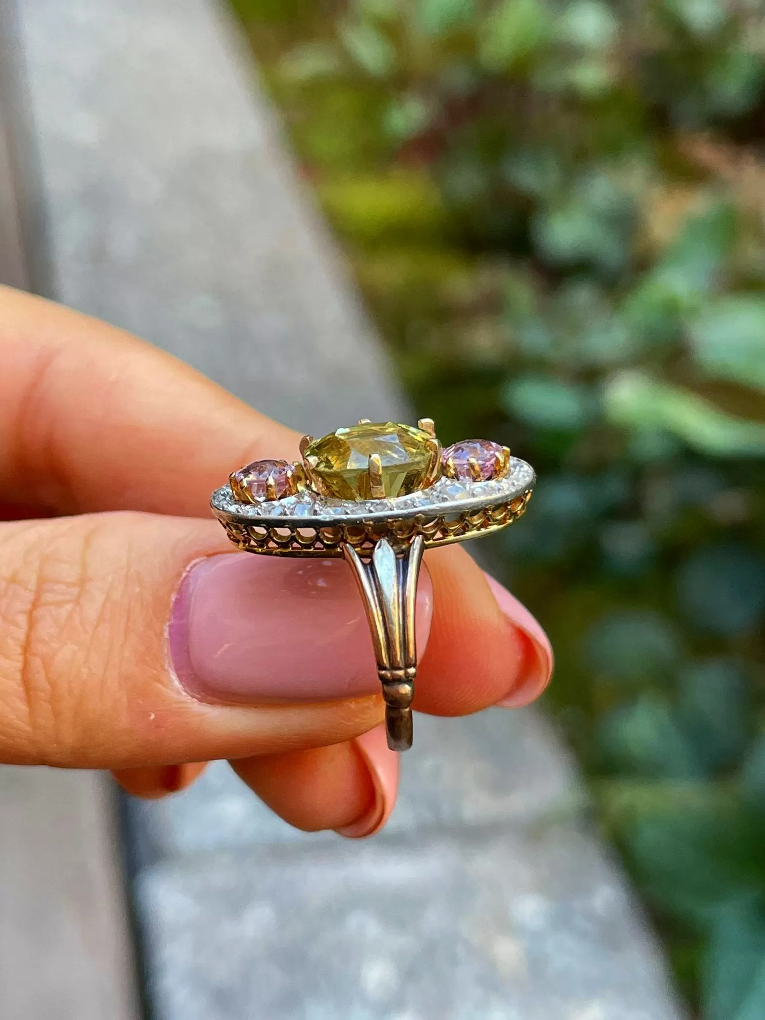 Antique Belle poque Chrysoberyl, Pink Topaz Diamond Cluster Cocktail Ring