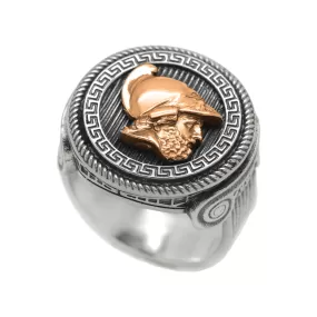 Ares Greek God of Courage and War Ring Sterling Silver Round Top Mens Signet Greek Meander