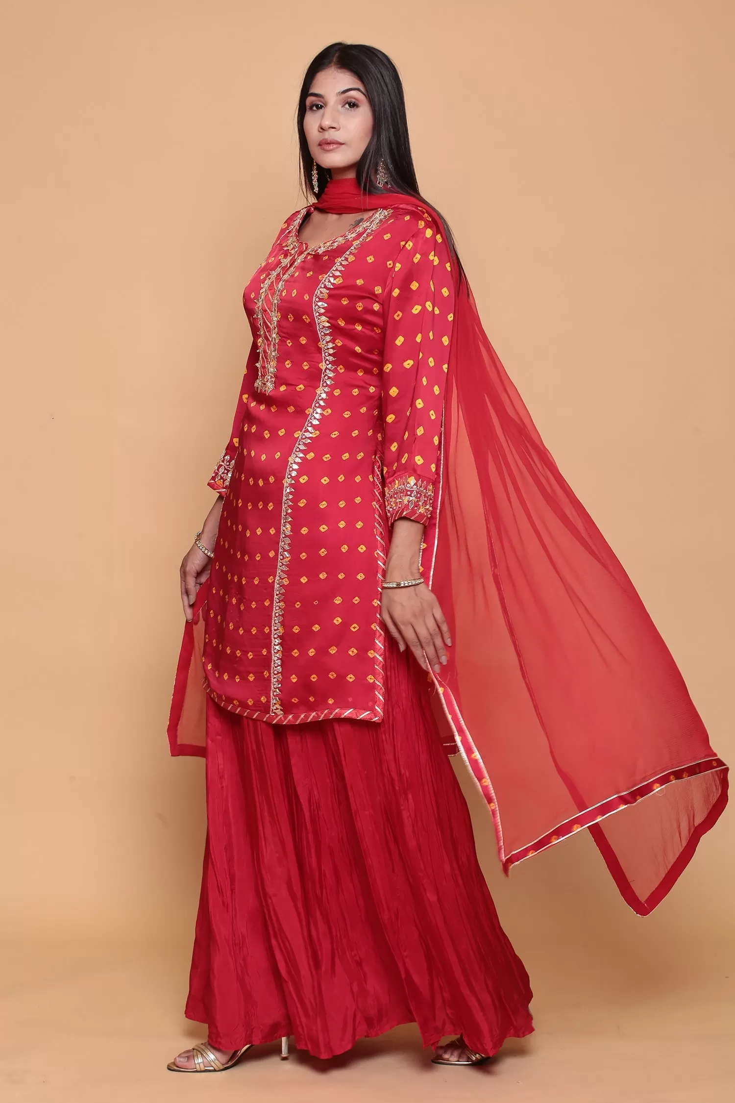 Bandhej Satin silk Suit  with Gota work.