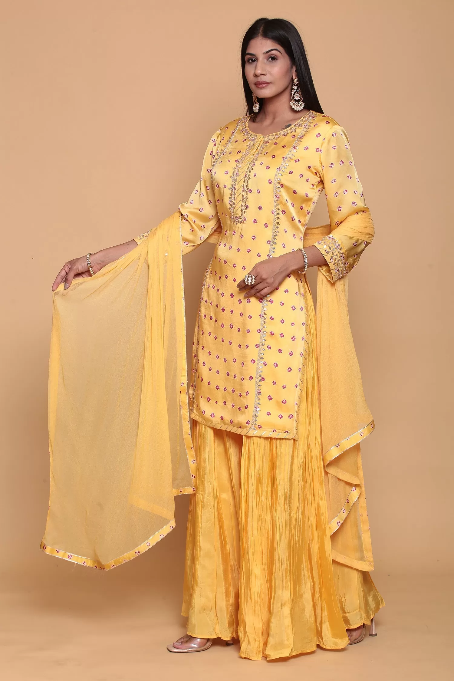 Bandhej Satin silk Suit  with Gota work.