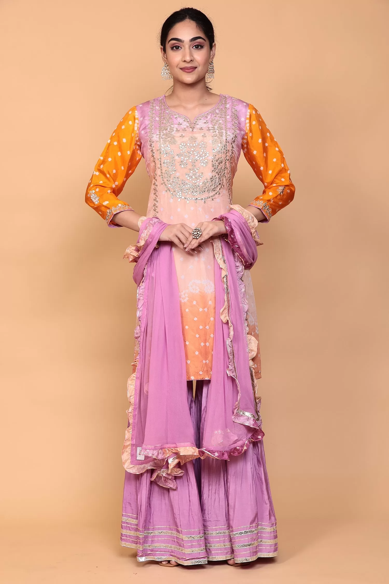 Bandhej Silk Suit with Dori, Gota Patti work.