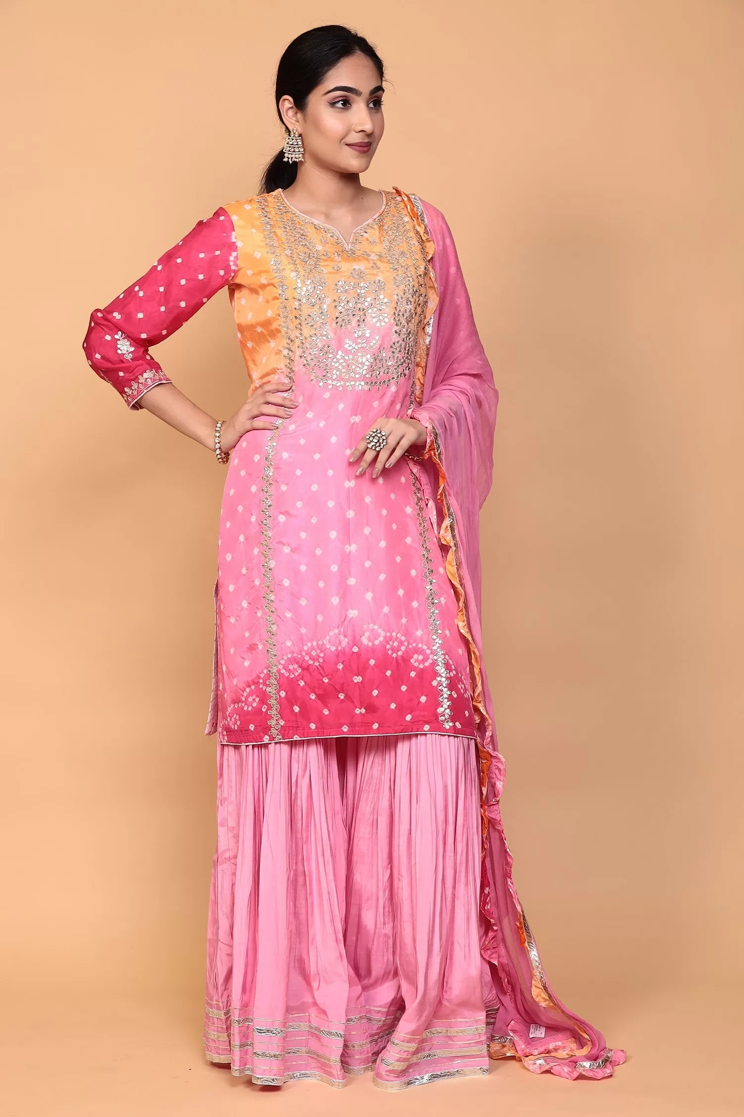 Bandhej Silk Suit with Dori, Gota Patti work.