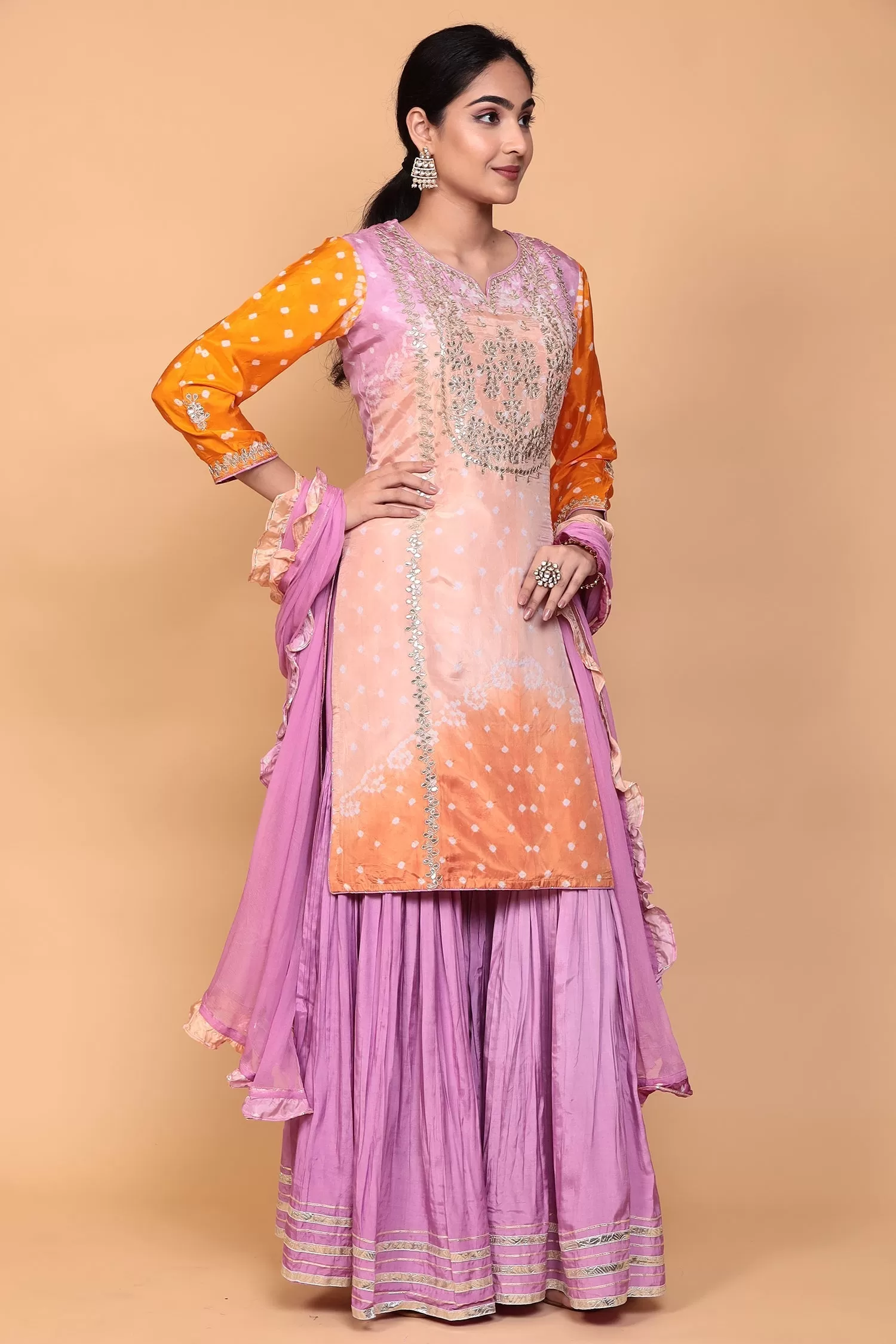 Bandhej Silk Suit with Dori, Gota Patti work.