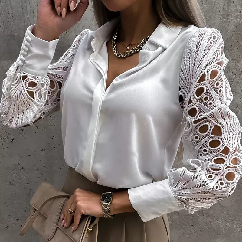 Camicia Donna Manica Lunga Ricamata Pizzo Scollo V Monopetto Polsini Bottoni Monocolore