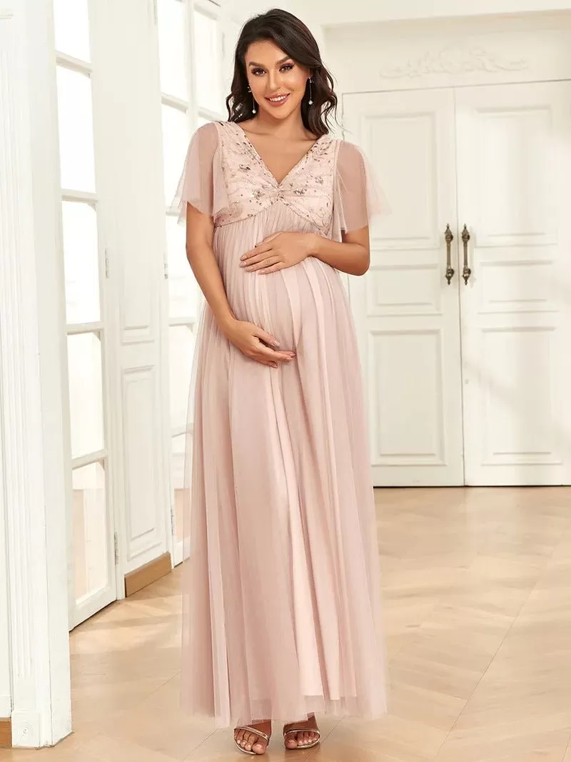 Deep V Neck See Through Ruffles Sleeves Maternity Dresses