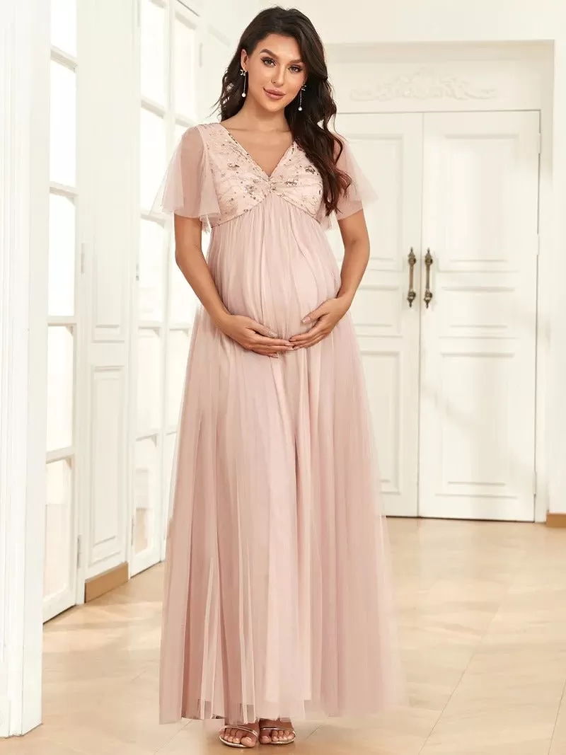 Deep V Neck See Through Ruffles Sleeves Maternity Dresses