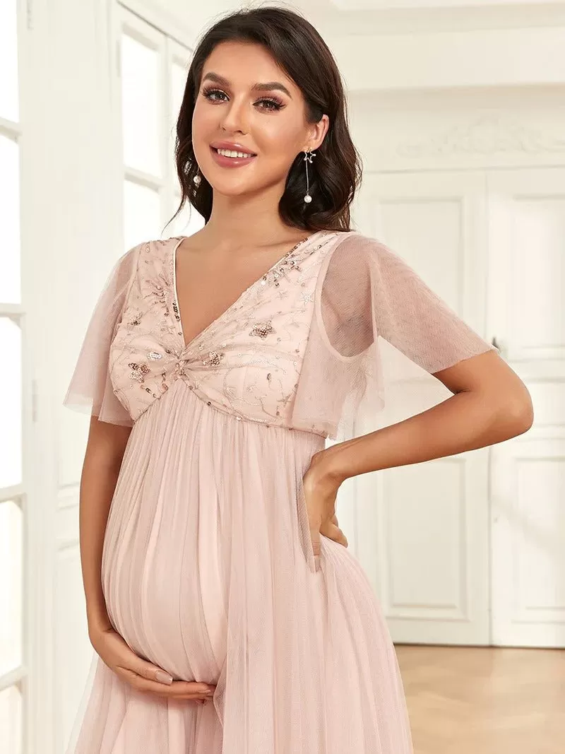 Deep V Neck See Through Ruffles Sleeves Maternity Dresses