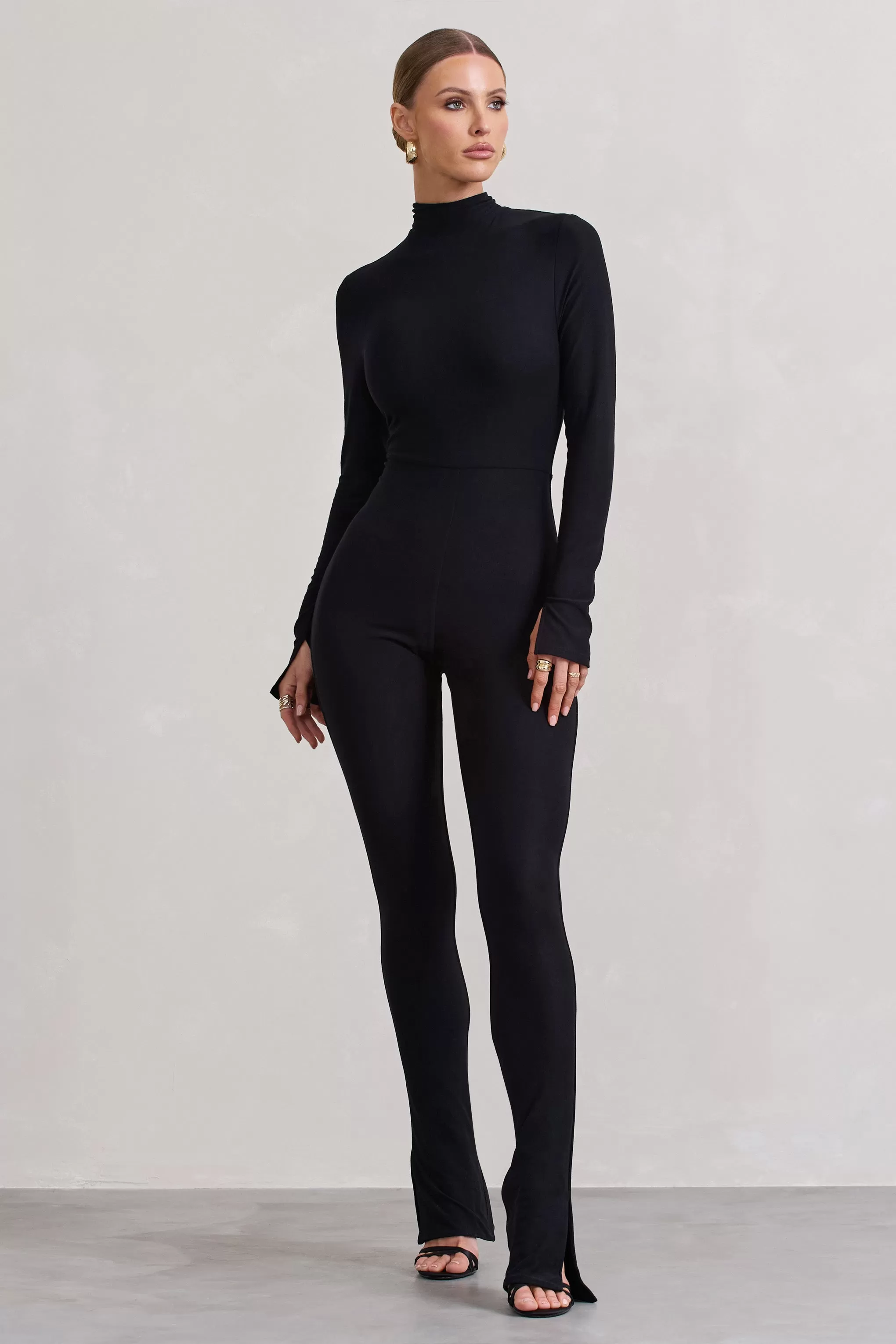 Elevated | Black High-Neck Slim-Leg Jumpsuit With Long Sleeves