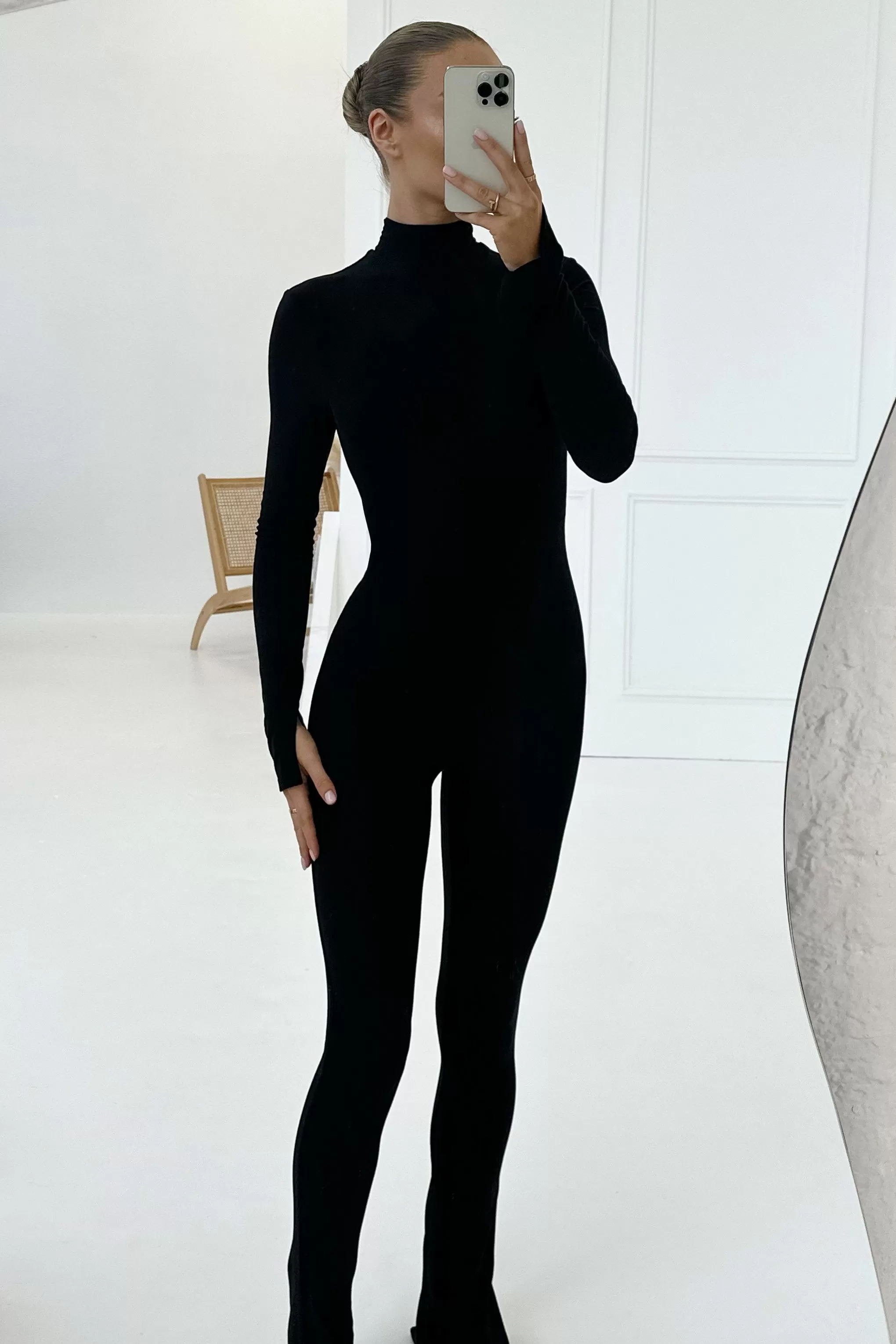 Elevated | Black High-Neck Slim-Leg Jumpsuit With Long Sleeves