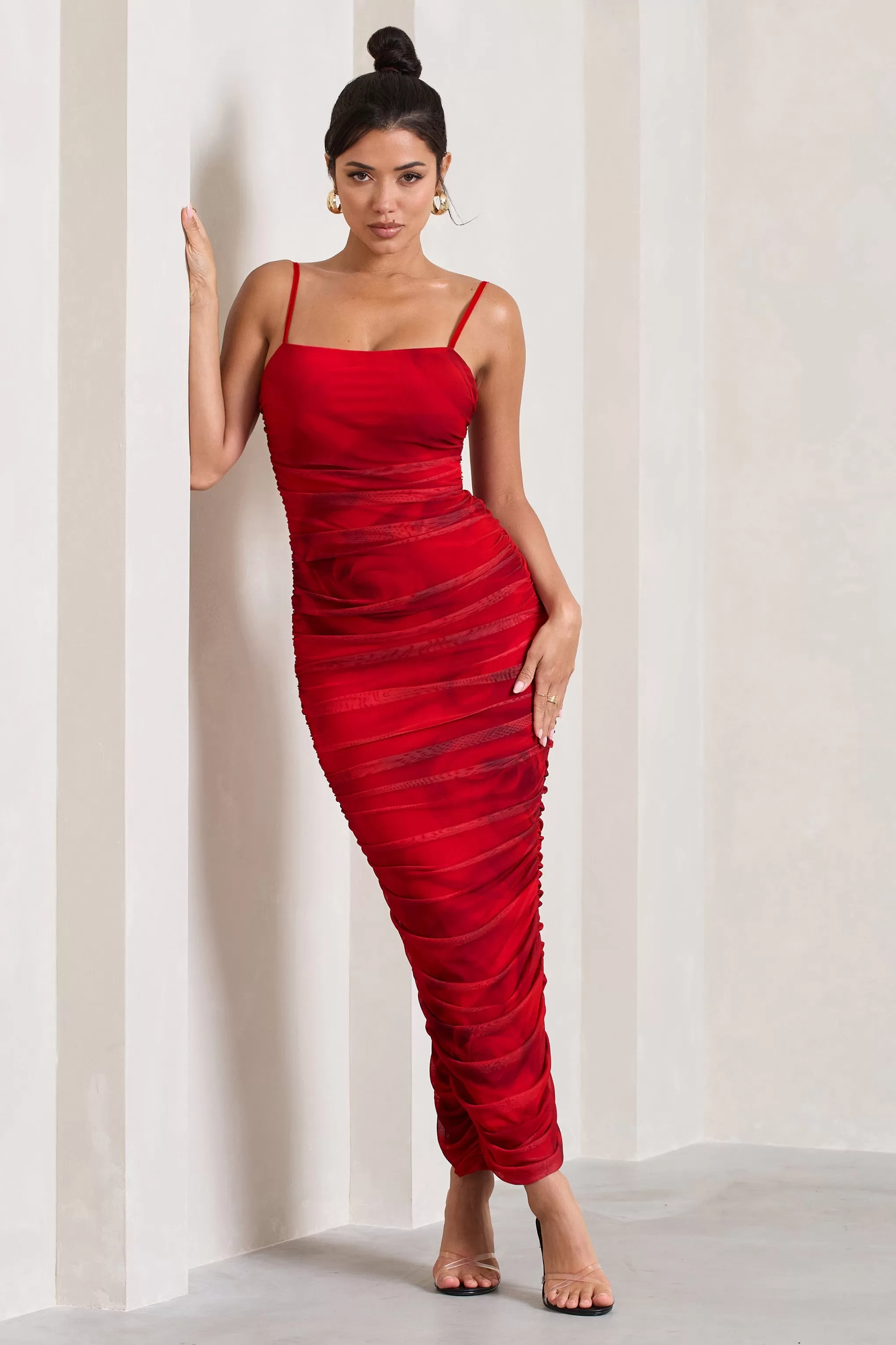 Ellis | Red Rose Printed Ruched Mesh Strappy Bodycon Maxi Dress