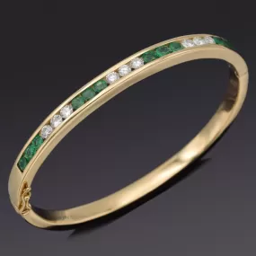 Estate 18K Yellow Gold Emerald & 0.99 TCW Diamond Hinged Bangle Tennis Bracelet