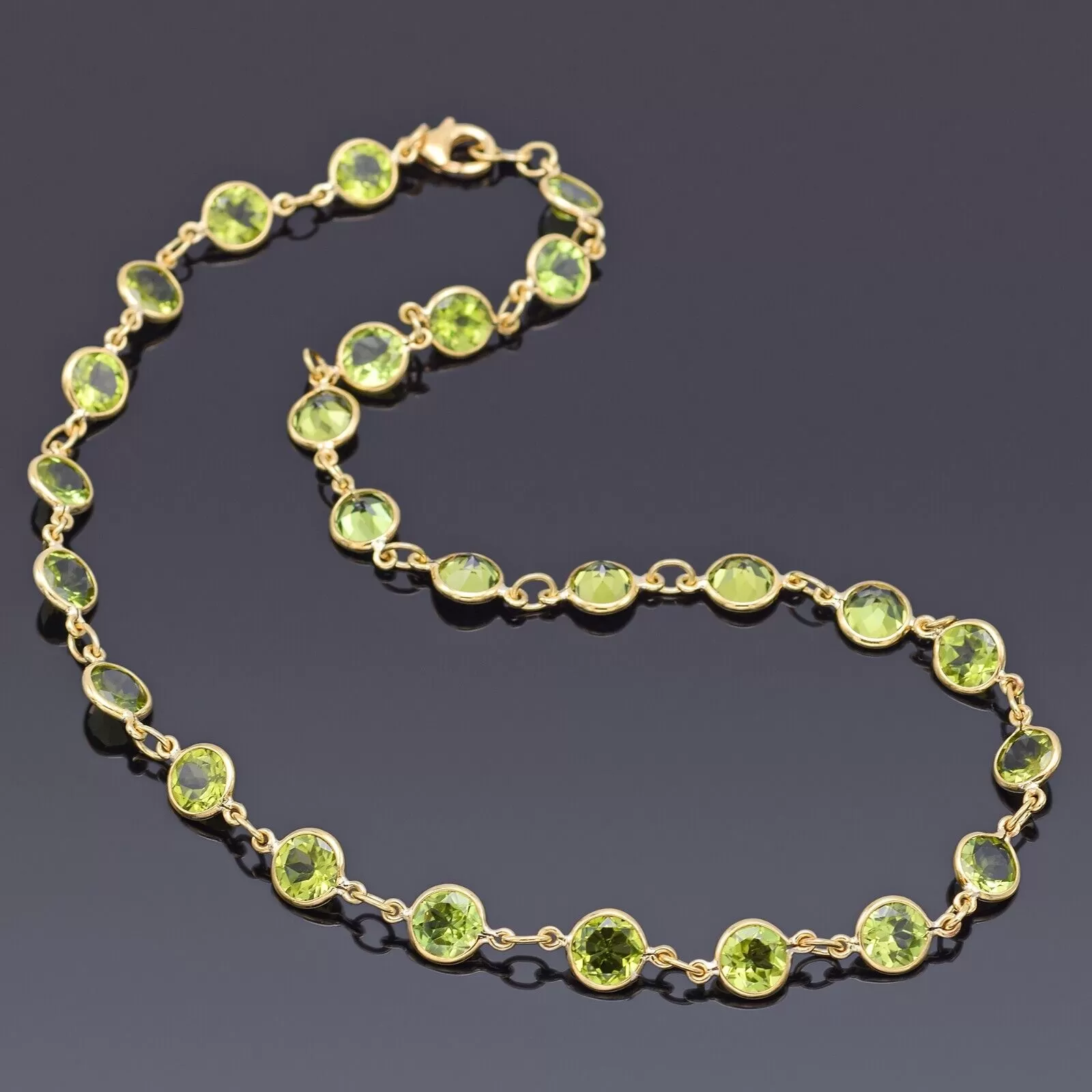 Estate 18K Yellow Gold Peridot Round Link Necklace   Box 22.5G 18.5 Inches